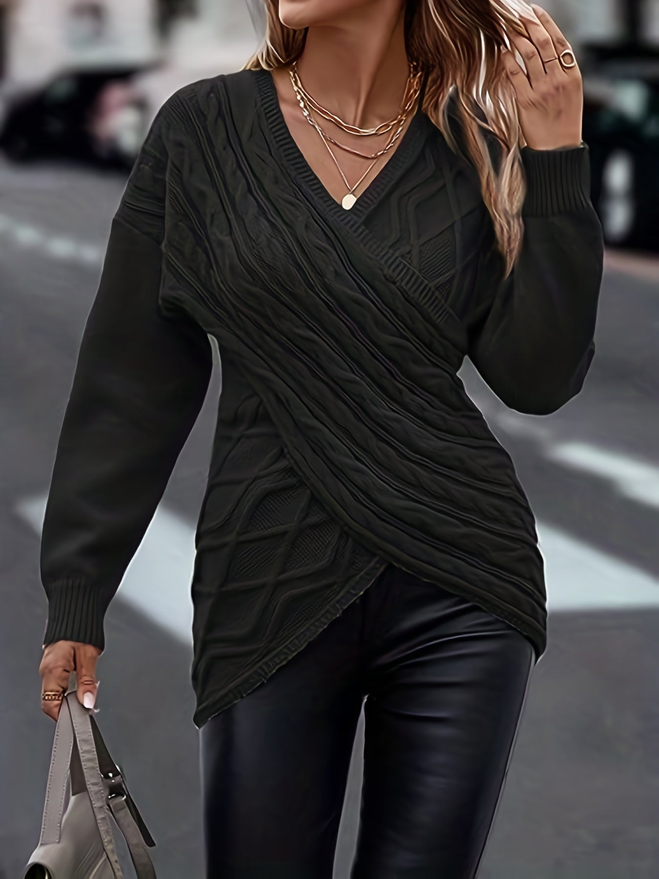 Sixsr Plus Size Elegant Sweater, Women's Plus Solid Cable Drop Shoulder Long Sleeve Wrap Cross V Neck Jumper