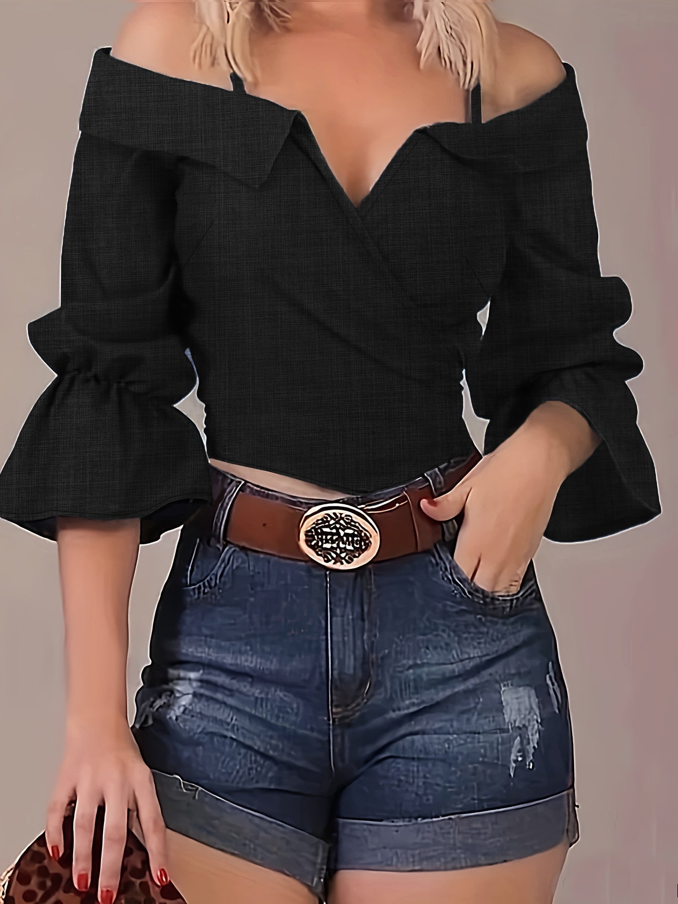 Sixsr Solid Spaghetti Strap Blouse, Casual Bell Sleeve Surplice Neck Blouse, Women's Clothing