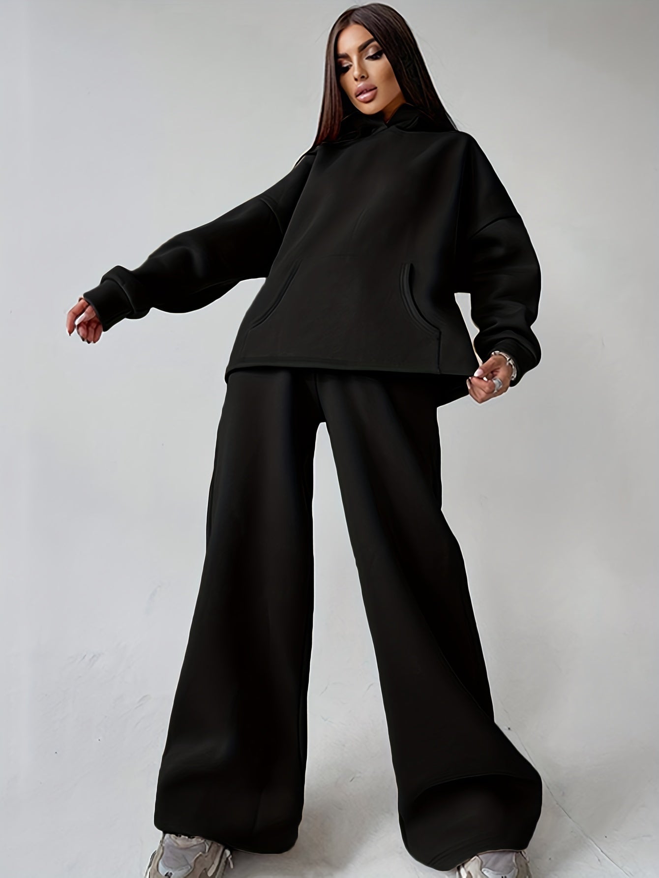 Sixsr Solid Casual Two-piece Set, Long Sleeve Loose Hoodies & Long Length Pants Outfits, Women's Clothing