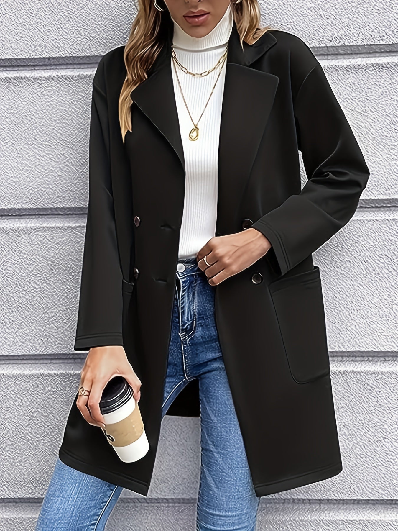 Sixsr Plus Size Casual Coat, Women's Plus Solid Long Sleeve Double Breasted Lapel Collar Coat With Pockets
