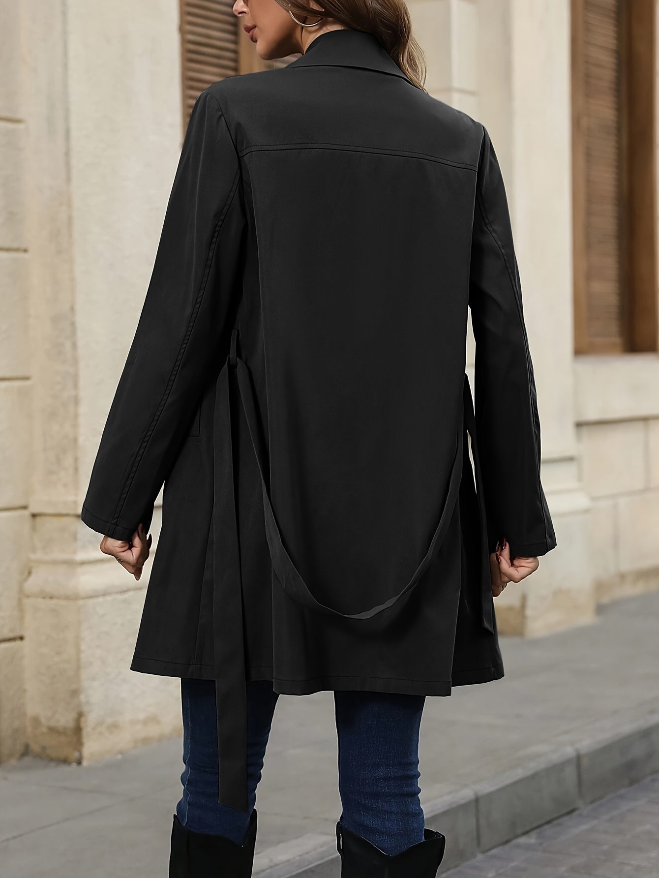 Sixsr Solid Color Open Front Trench Jacket, Elegant Lapel Neck Zipper Long Sleeve Button Jacket, Women's Clothing
