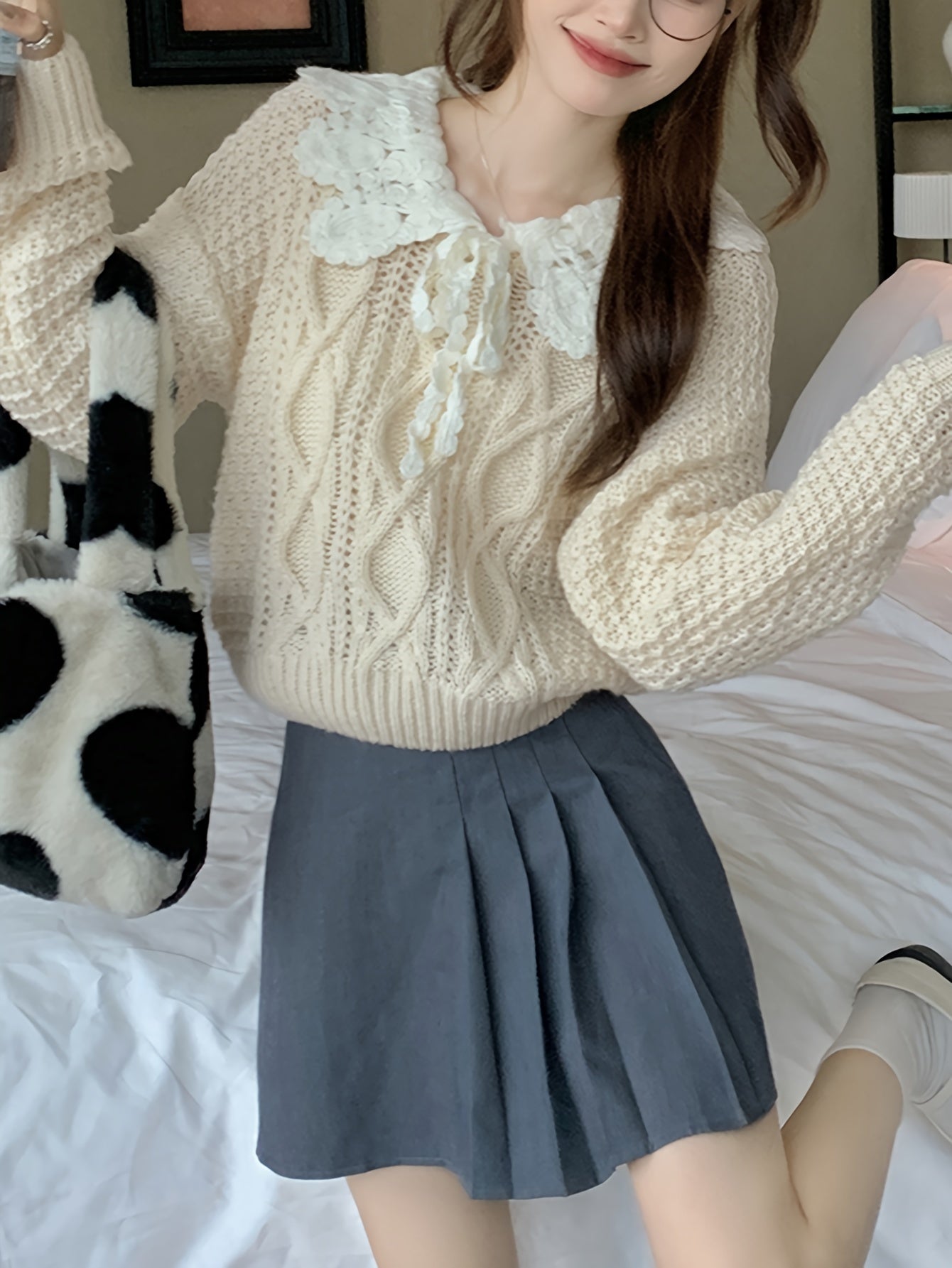 Sixsr Geo Pattern Peter Pan Collar Sweater, Sweet Long Sleeve Sweater For Fall & Winter, Women's Clothing