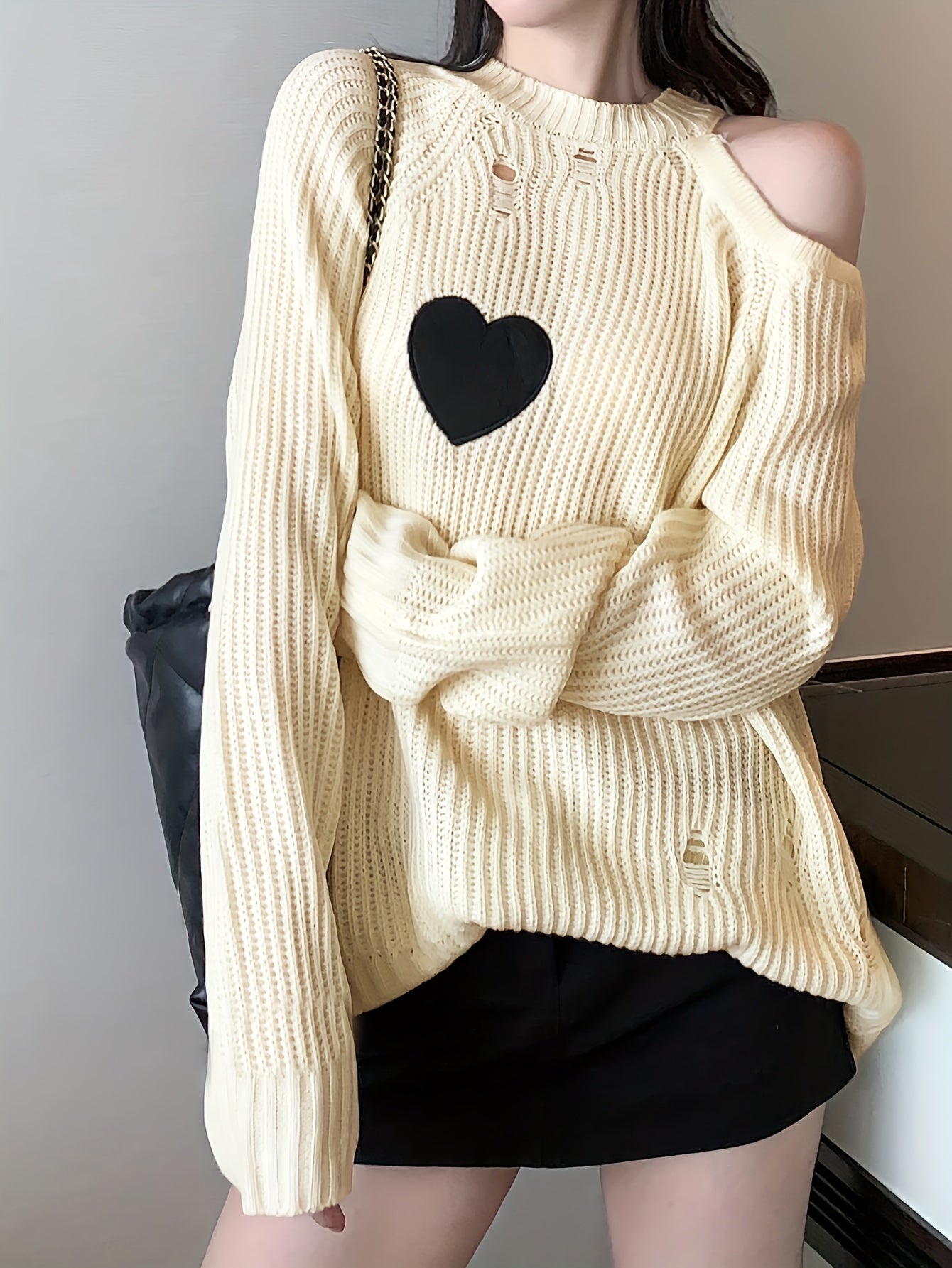 Sixsr Heart Pattern One-shoulder Ripped Sweater, Casual Long Sleeve Sweater For Fall & Winter, Women's Clothing