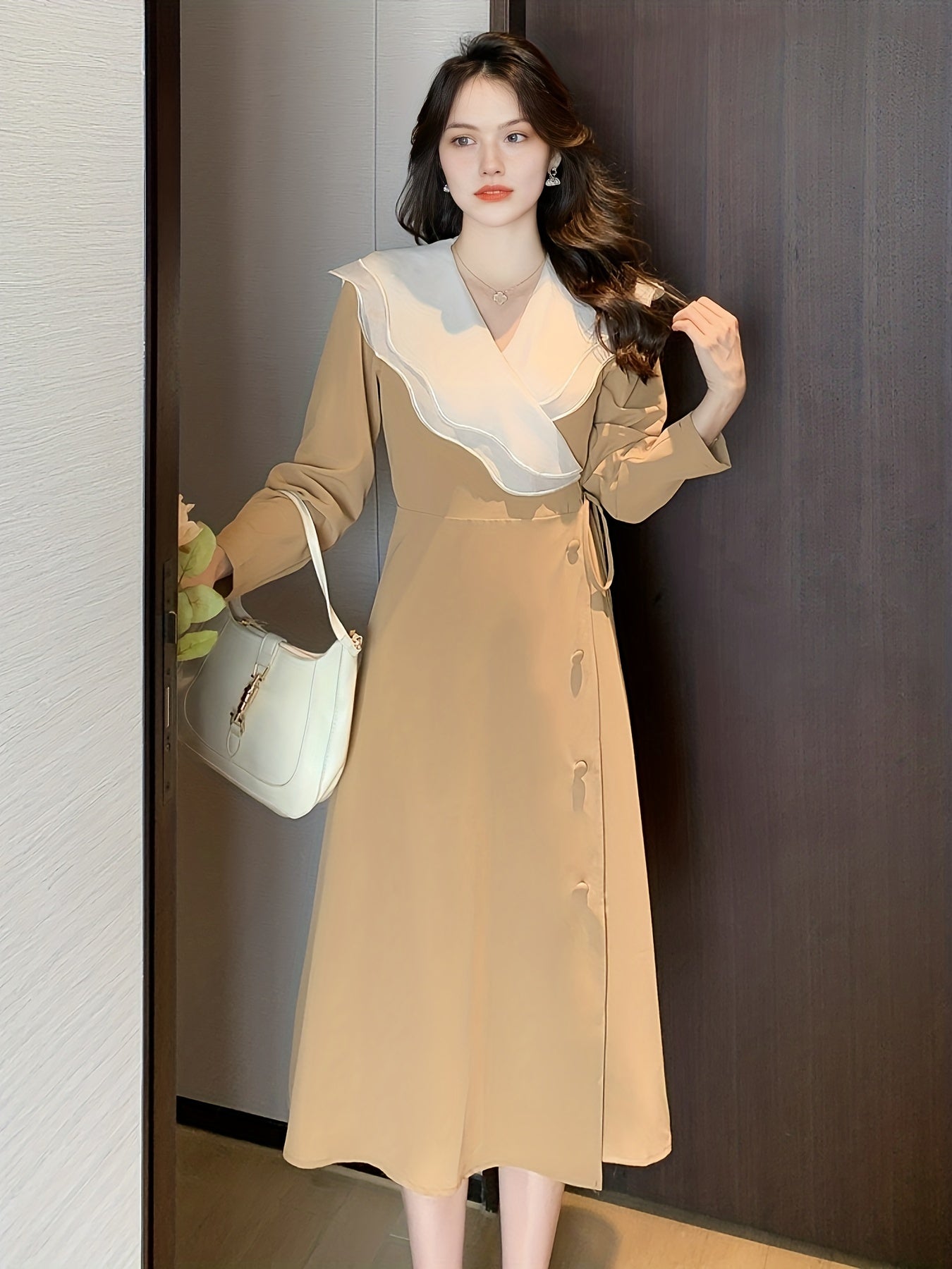 Sixsr Ruffle Trim Surplice Neck Dress, Elegant Long Sleeve Solid Dress, Women's Clothing