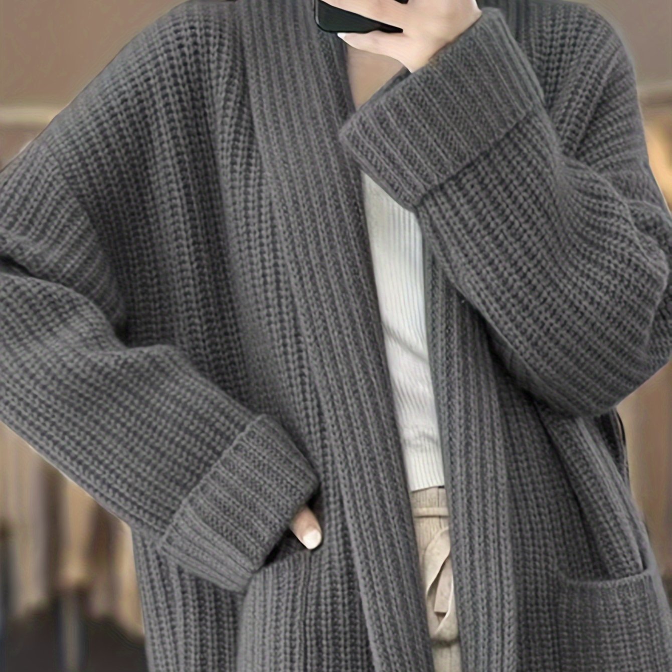 Sixsr Solid Open Front Knit Cardigan, Casual Long Sleeve Oversized Sweater Coat With Pocket, Women's Clothing