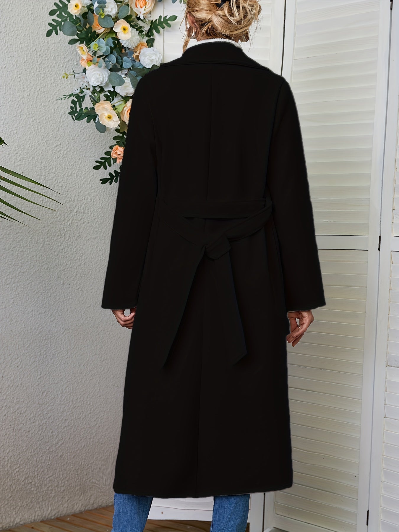 Sixsr Solid Lapel Mid Length Overcoat, Casual Open Front Long Sleeve Outerwear With Pockets, Women's Clothing