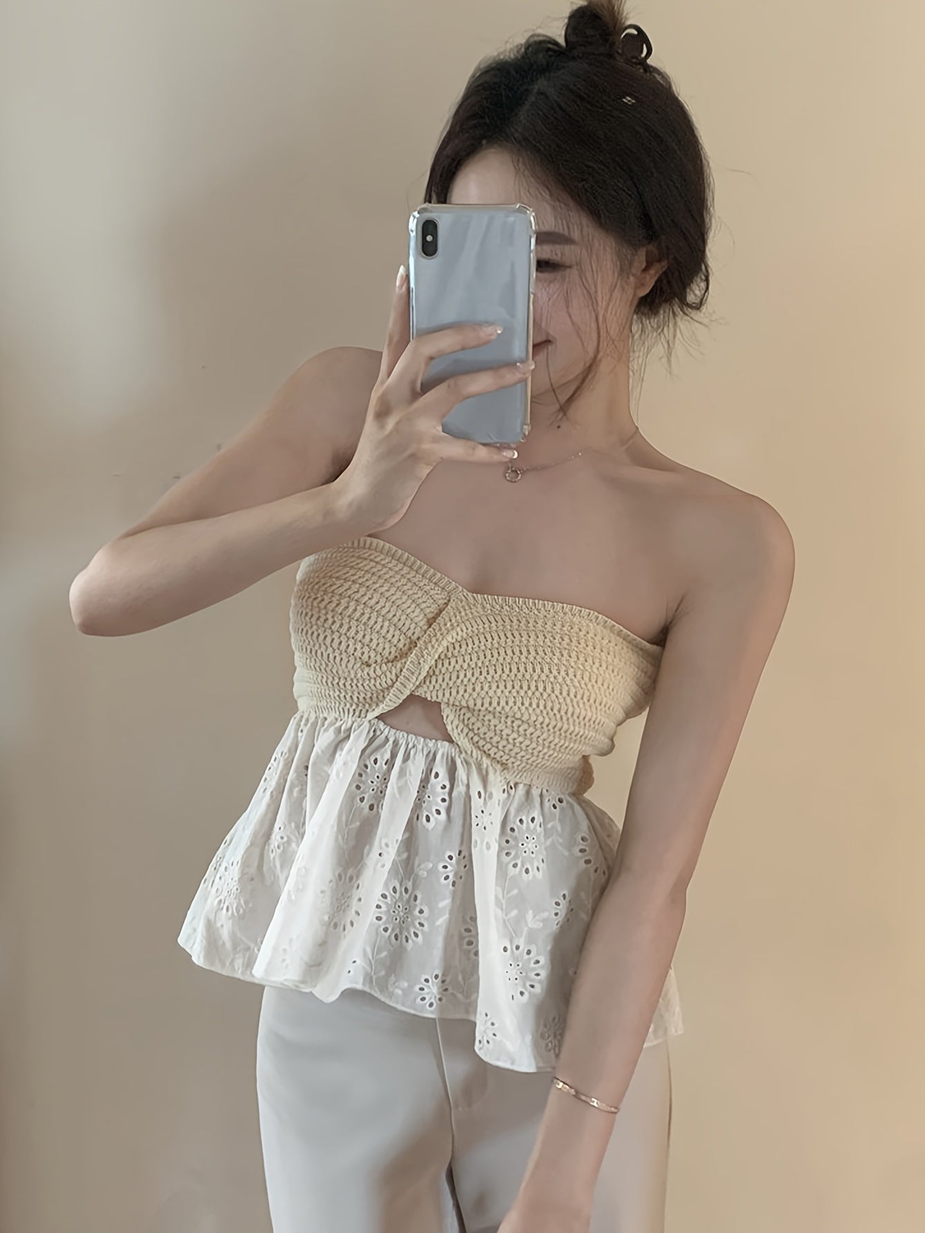 Sixsr Colorblock Eyelet Embroidered Hem Tube Top, Vacation Twist Front Sleeveless Beach Top, Women's Clothing