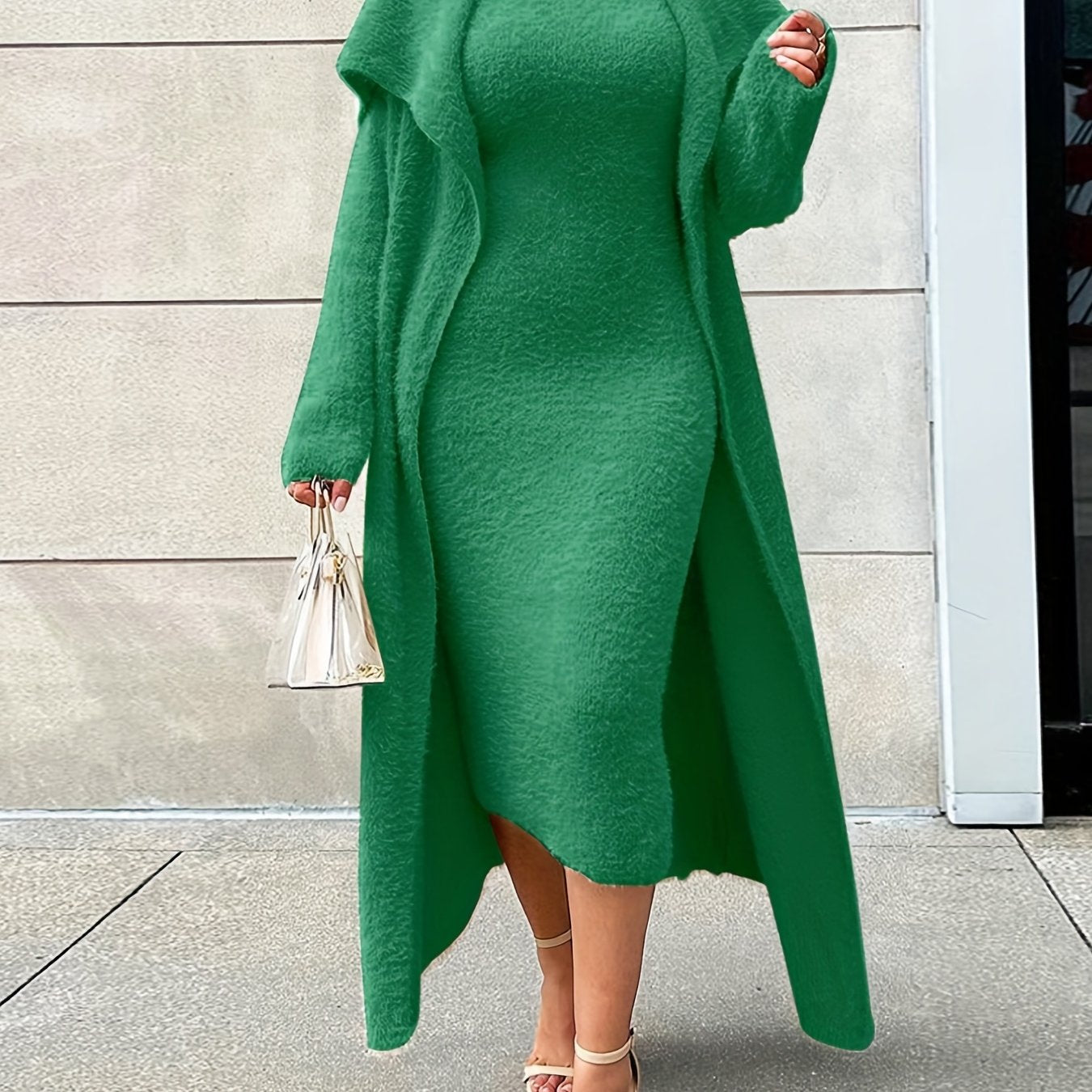 Elegant Two-piece Set - Open Front Cardigan & Bodycon Dress for Women - Stylish and Comfortable Outfit