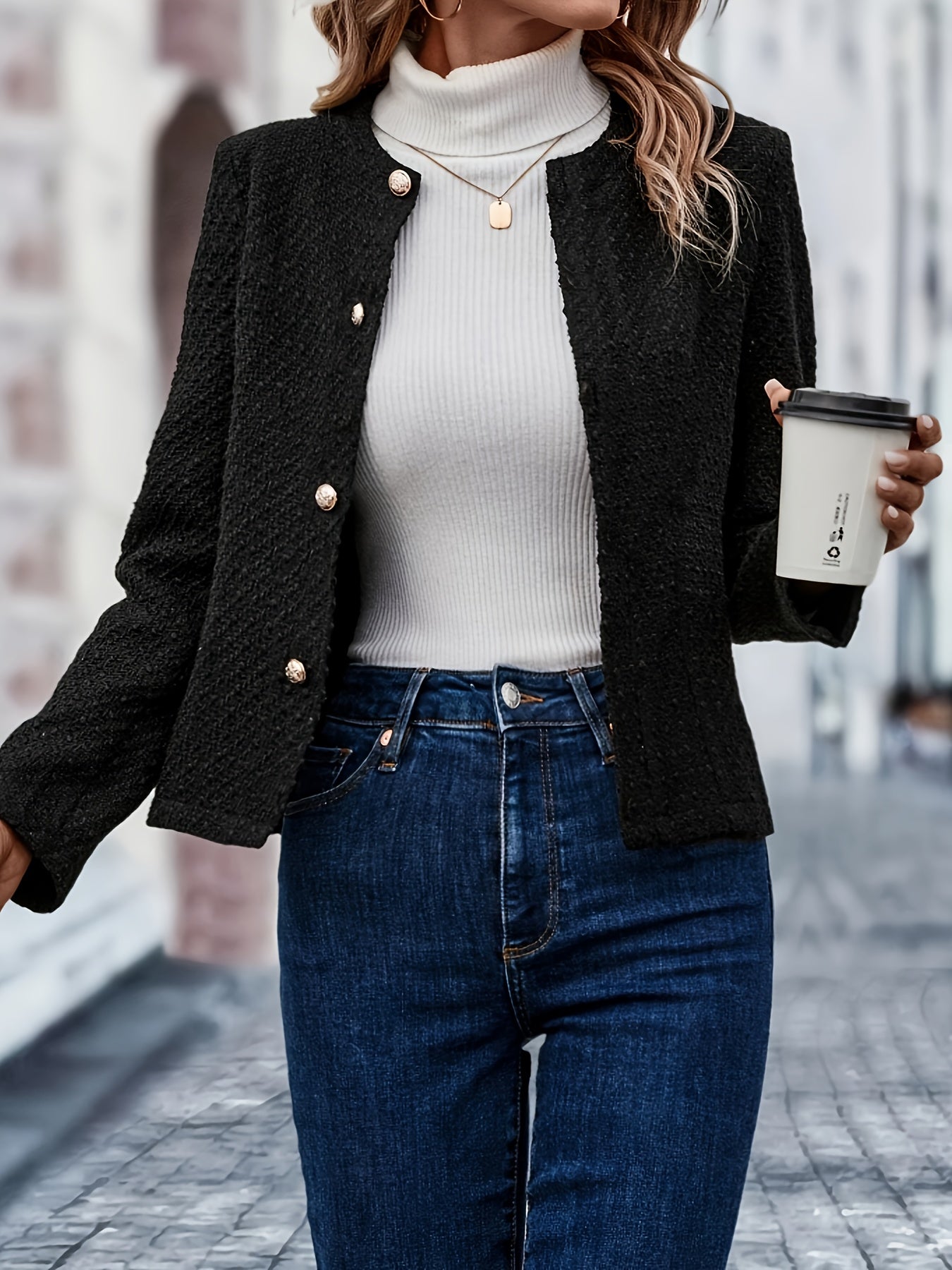 Sixsr Solid Single Breasted Jacket, Elegant Long Sleeve Outwear For Fall & Winter, Women's Clothing