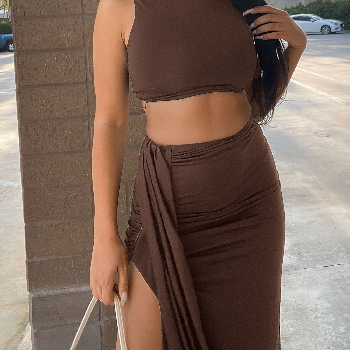 Two-piece Skirt Set, Crop Tank Top & Ruched Split Front Skirt Outfits, Women's Clothing
