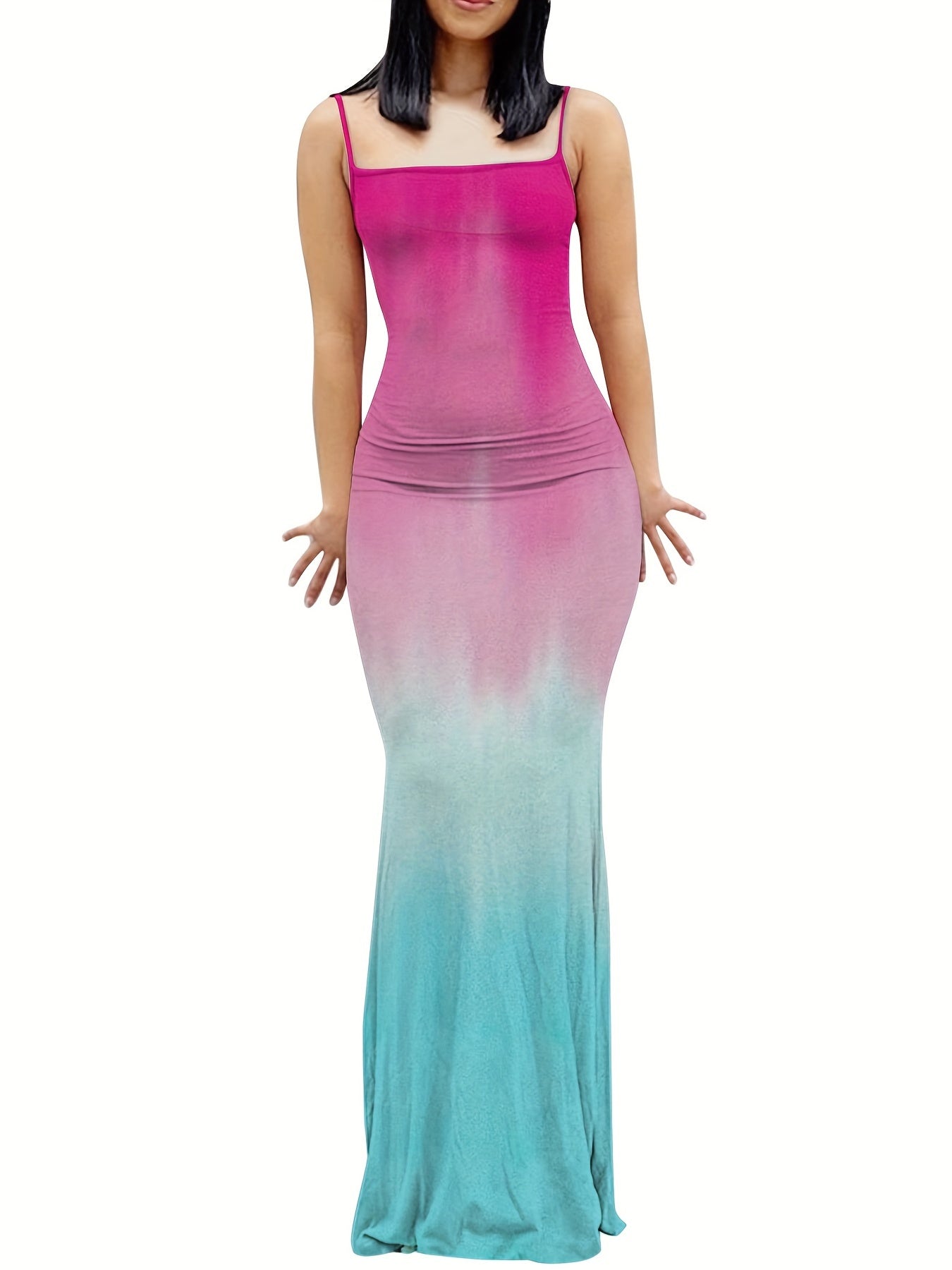 Sixsr Gradient Spaghetti Strap Dress, Sexy Sleeveless Bodycon Maxi Dress, Women's Clothing