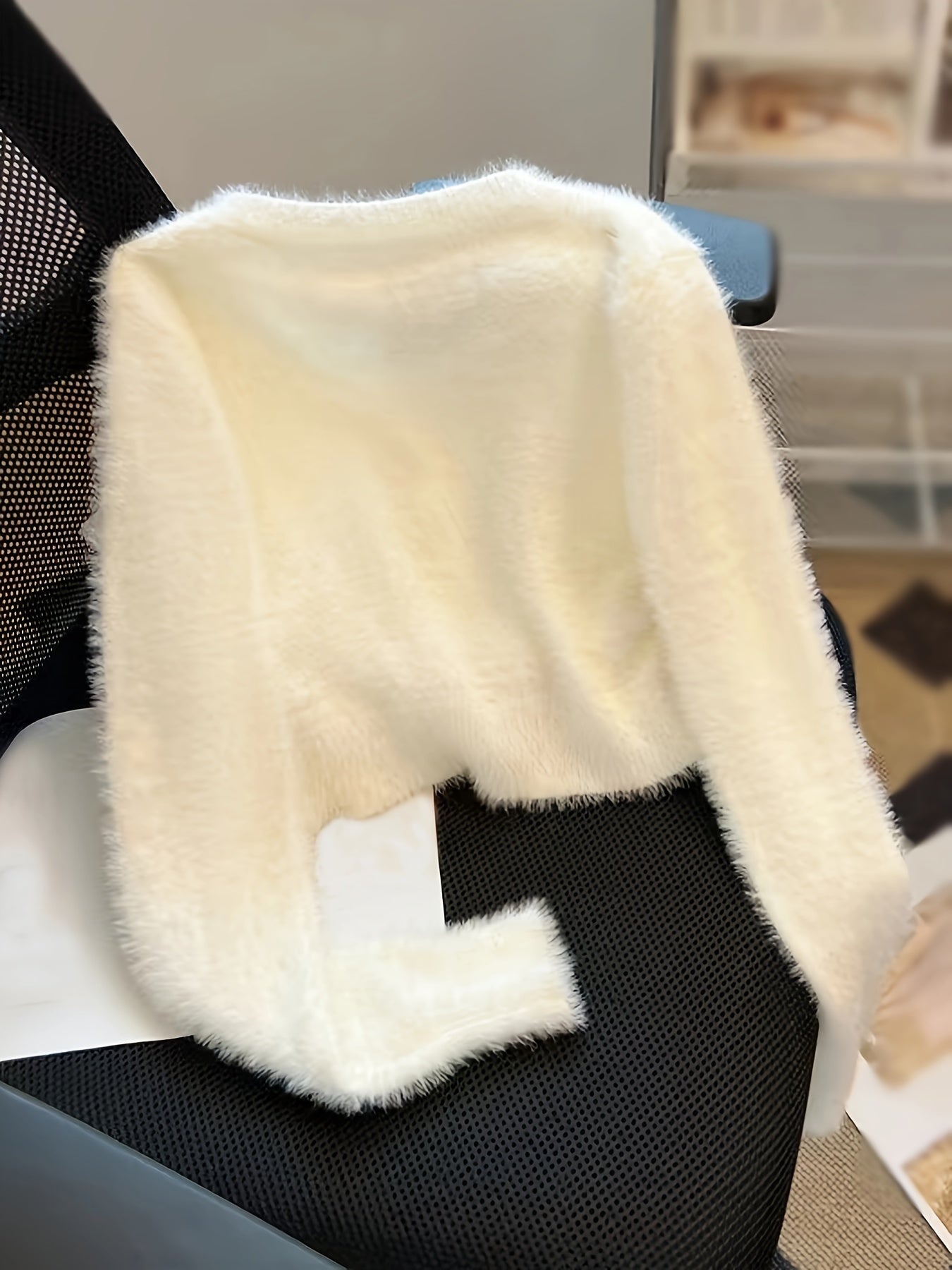 Sixsr Rhinestone Button Down Plush Cardigan, Casual Crew Neck Long Sleeve Crop Sweater, Women's Clothing