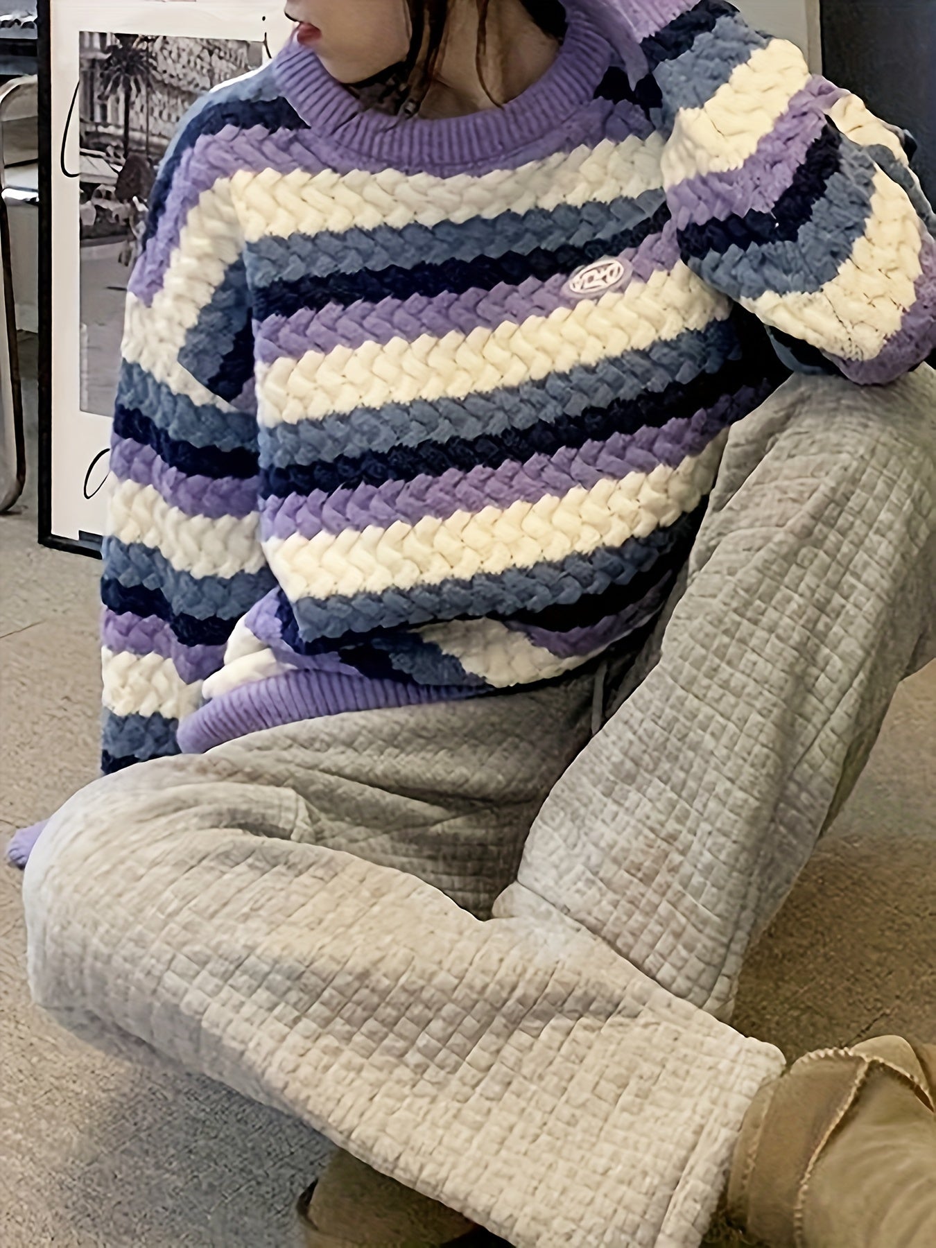 Sixsr Striped Print Color Block Knit Sweater, Casual Crew Neck Long Sleeve Sweater, Women's Clothing