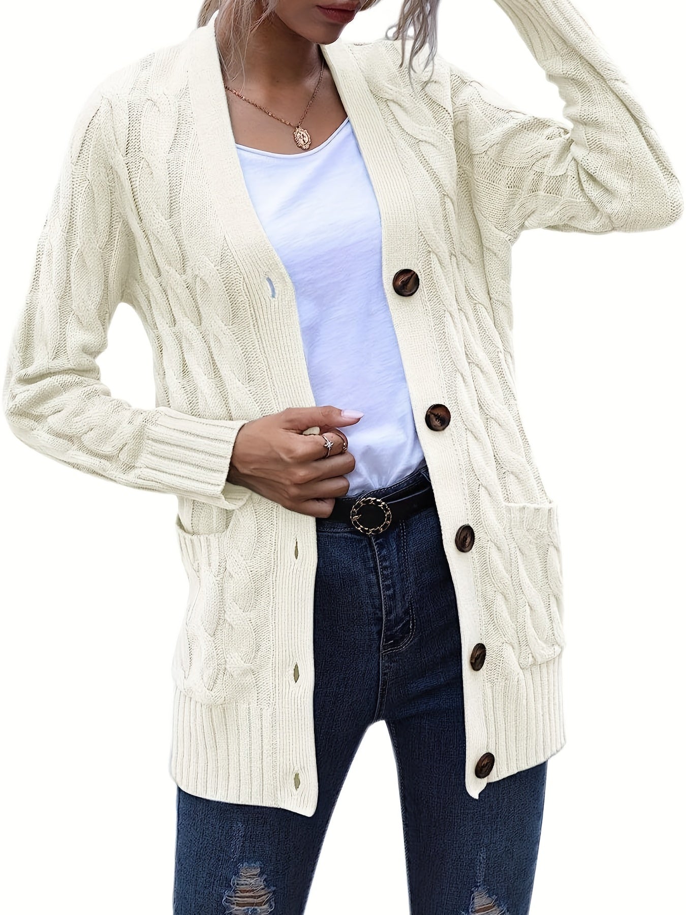 Sixsr Cable Knit Button Front Cardigan, Casual Solid Long Sleeve Cardigan For Fall & Winter, Women's Clothing
