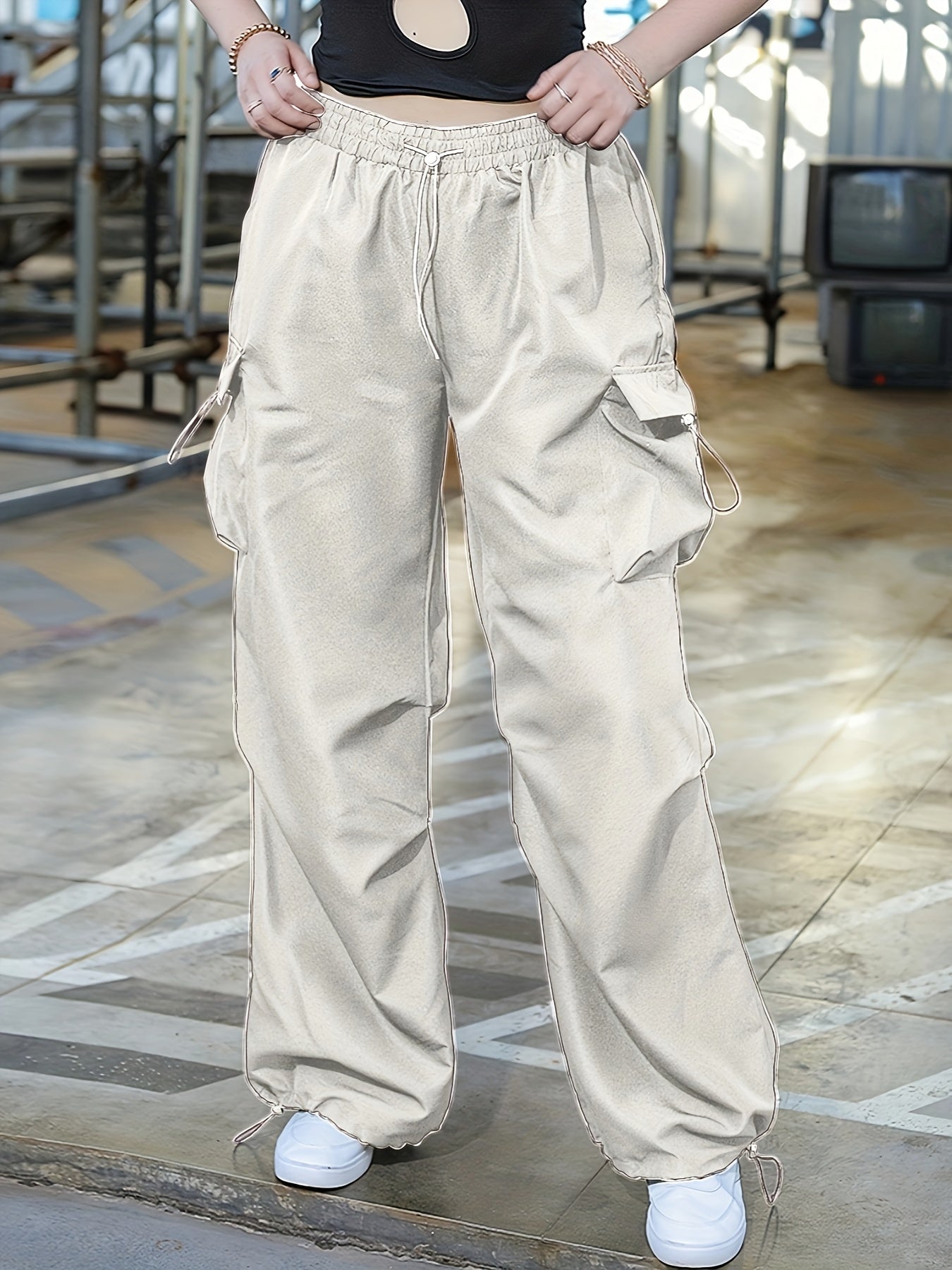 Sixsr Plus Size Casual Pants, Women's Plus Solid Elastic Drawstring High Rise Loose Parachute Cargo Pants With Pockets