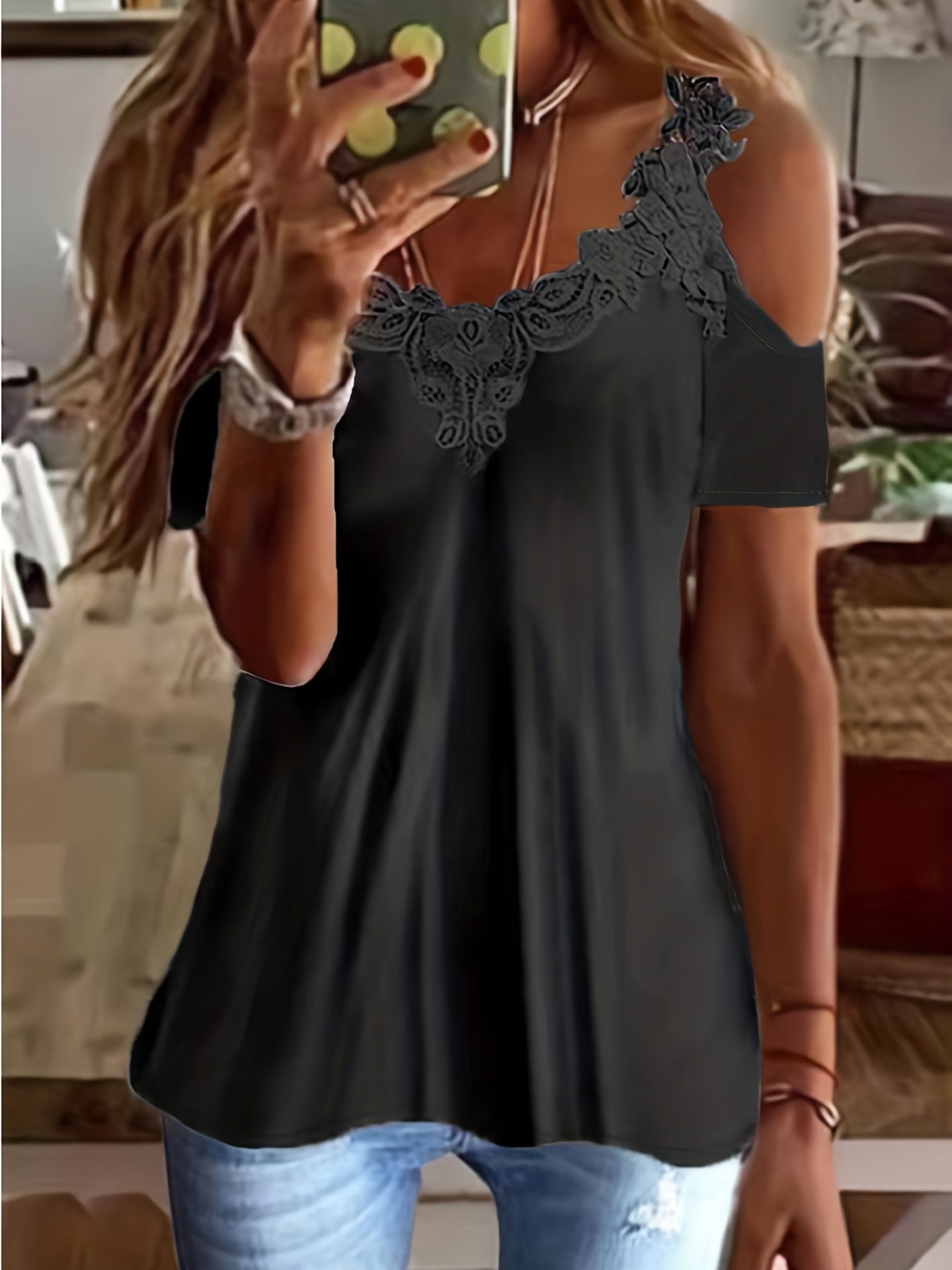 Sixsr Lace Trim Cold Shoulder T-shirt, Casual Solid V Neck Short Sleeve T-shirt, Women's Clothing