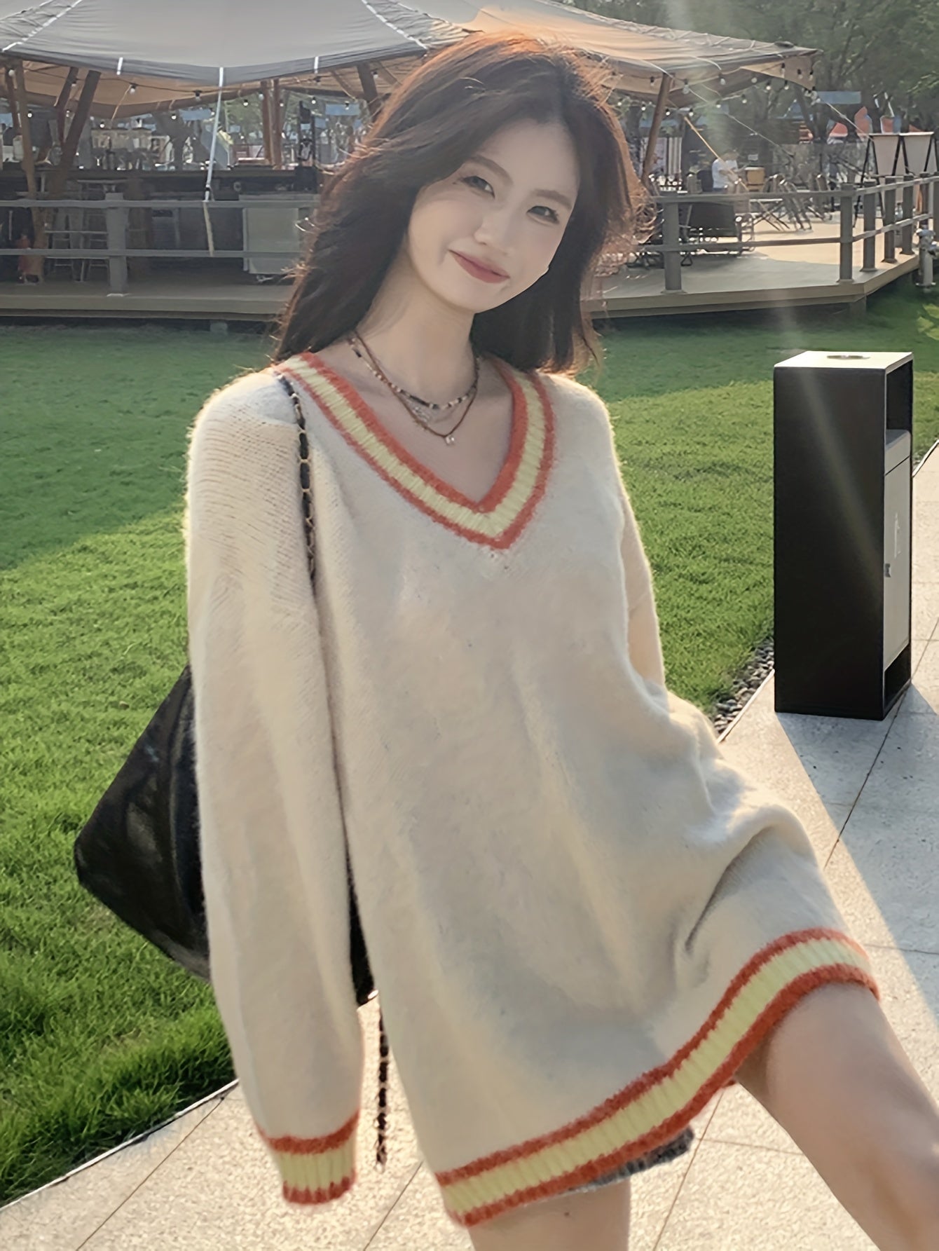 Sixsr Contrast Trim V Neck Pullover Sweater, Casual Long Sleeve Mid Length Cozy Sweater, Women's Clothing
