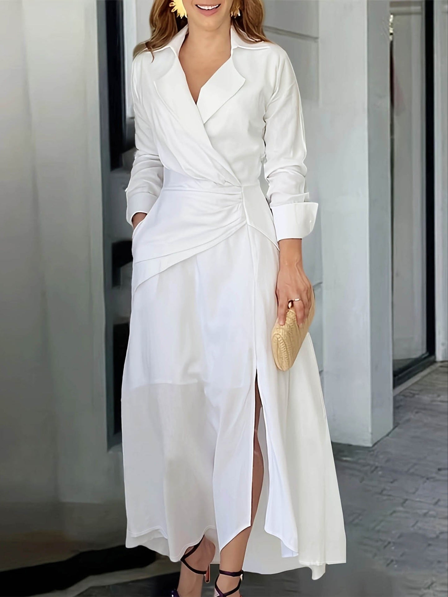 Sixsr Elegant Split Shirt Dress, Solid Long Sleeve Dress For Spring & Fall, Women's Clothing