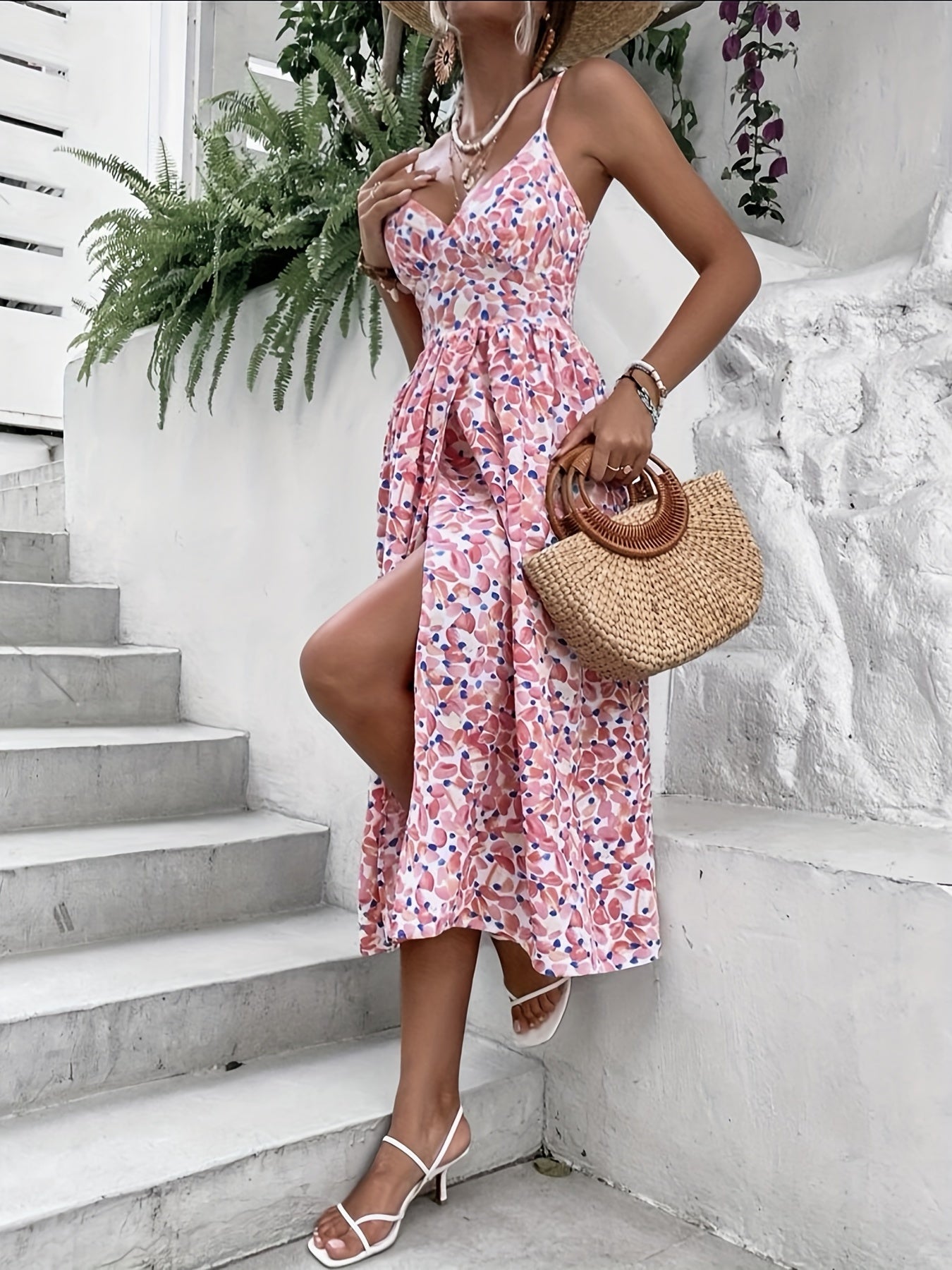 Sixsr Floral Print Midi Dress, Boho V Neck Spaghetti Strap Dress, Women's Clothing