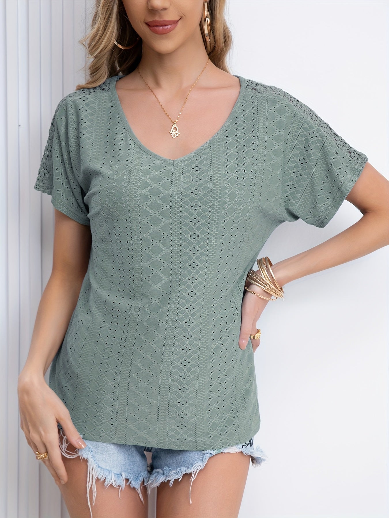 Sixsr V Neck Eyelet T-Shirt, Solid Short Sleeve Casual Top For Summer & Spring, Women's Clothing