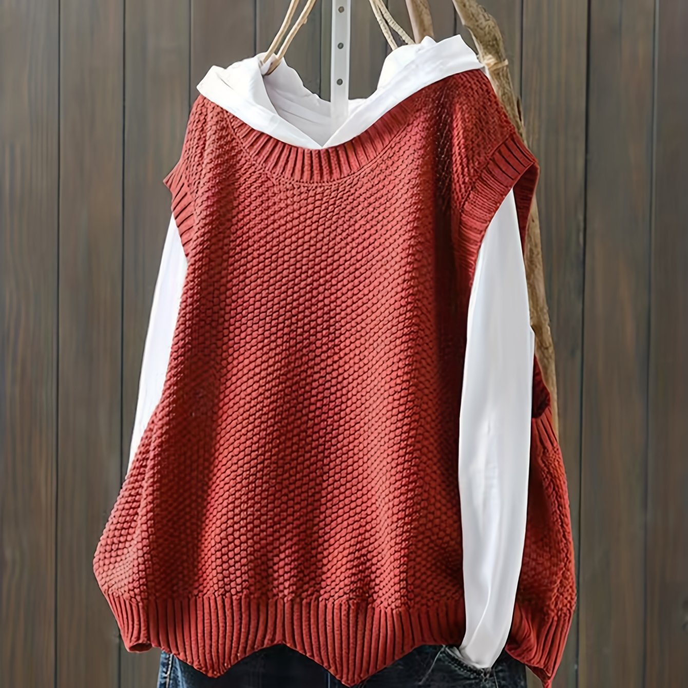 Sixsr Solid Crew Neck Knitted Vest, Casual Sleeveless Loose Sweater, Women's Clothing