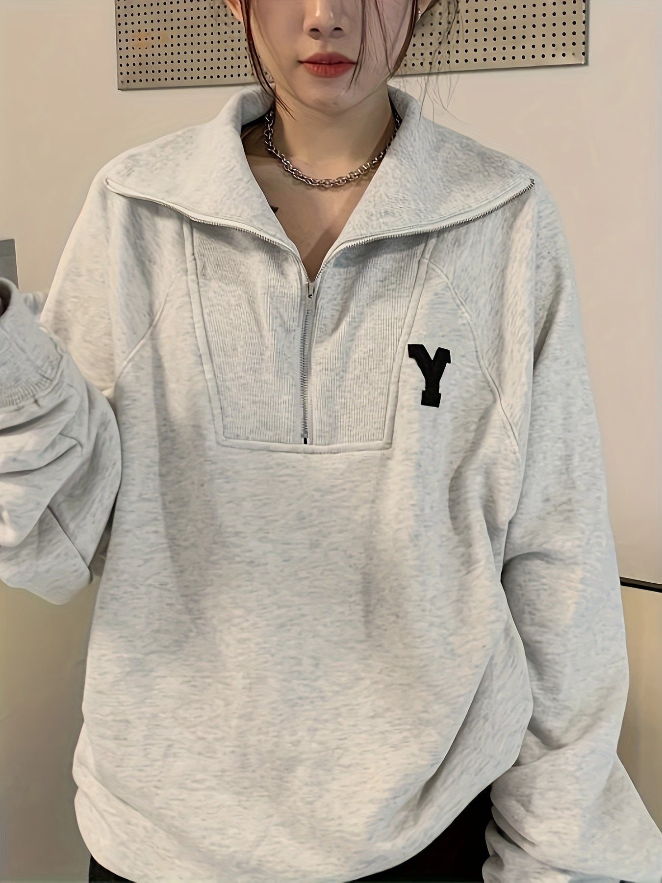 Sixsr Latter Pattern Print Half Zip Sweatshirt, Casual Long Sleeve Lapel Sweatshirt For Fall & Winter, Women's Clothing