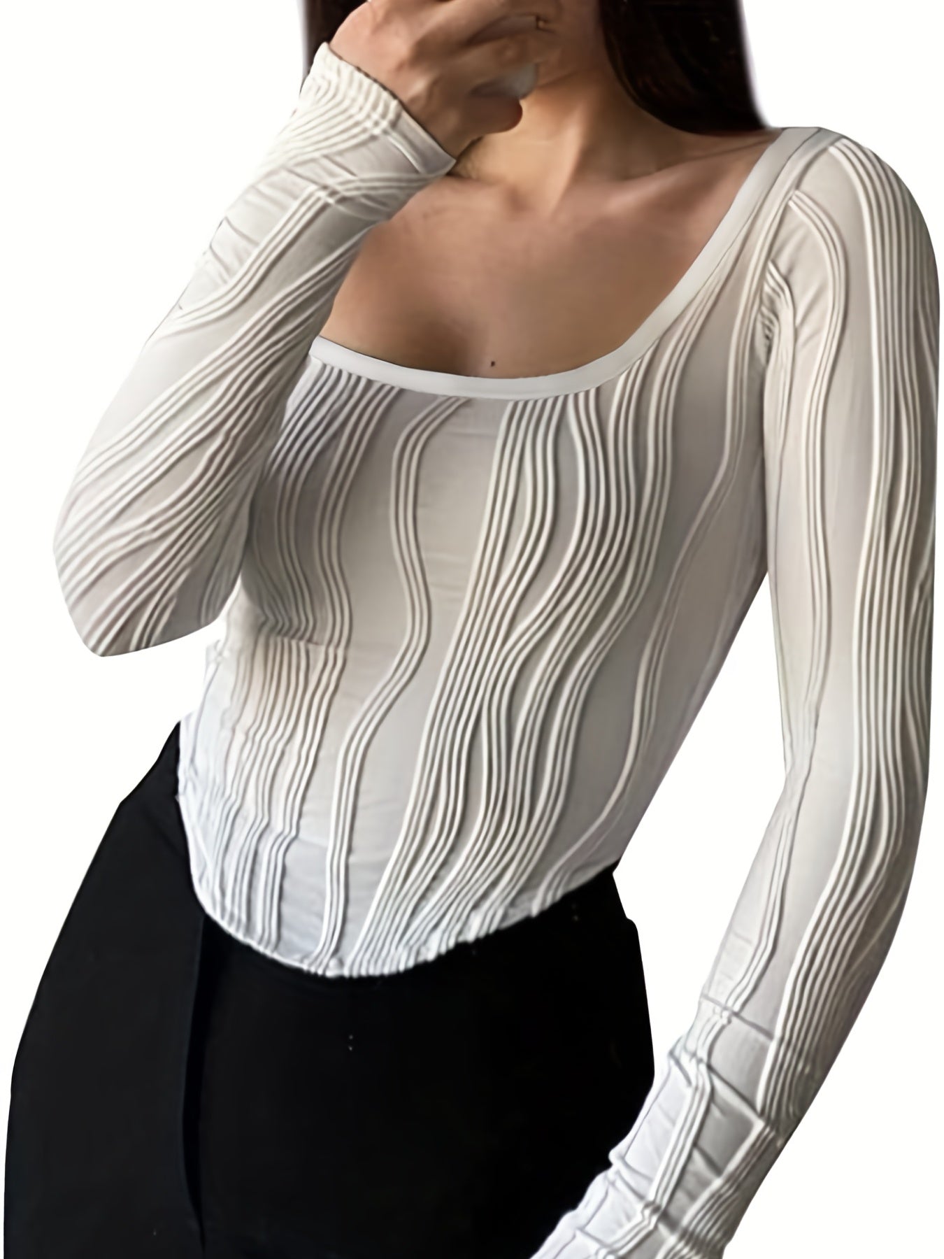 Sixsr Textured Hanky Hem T-Shirt, Y2K Square Neck Long Sleeve Top For Spring & Fall, Women's Clothing