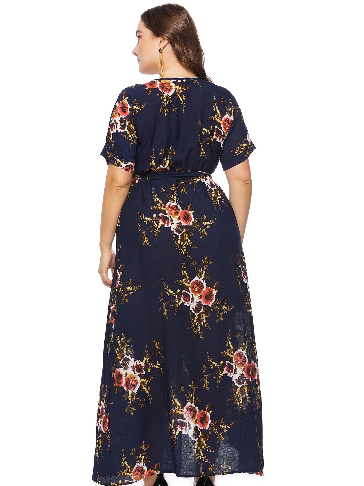 Sixsr Plus Size Floral Print Split Hem Maxi Dress With Belt, Women's Plus V Neck Long Dress, Dress Women