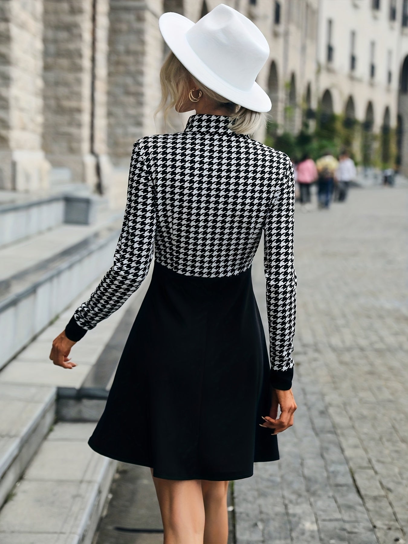 Sixsr Houndstooth Print Zipper Dress, Elegant Long Sleeve A Line Dress, Women's Clothing