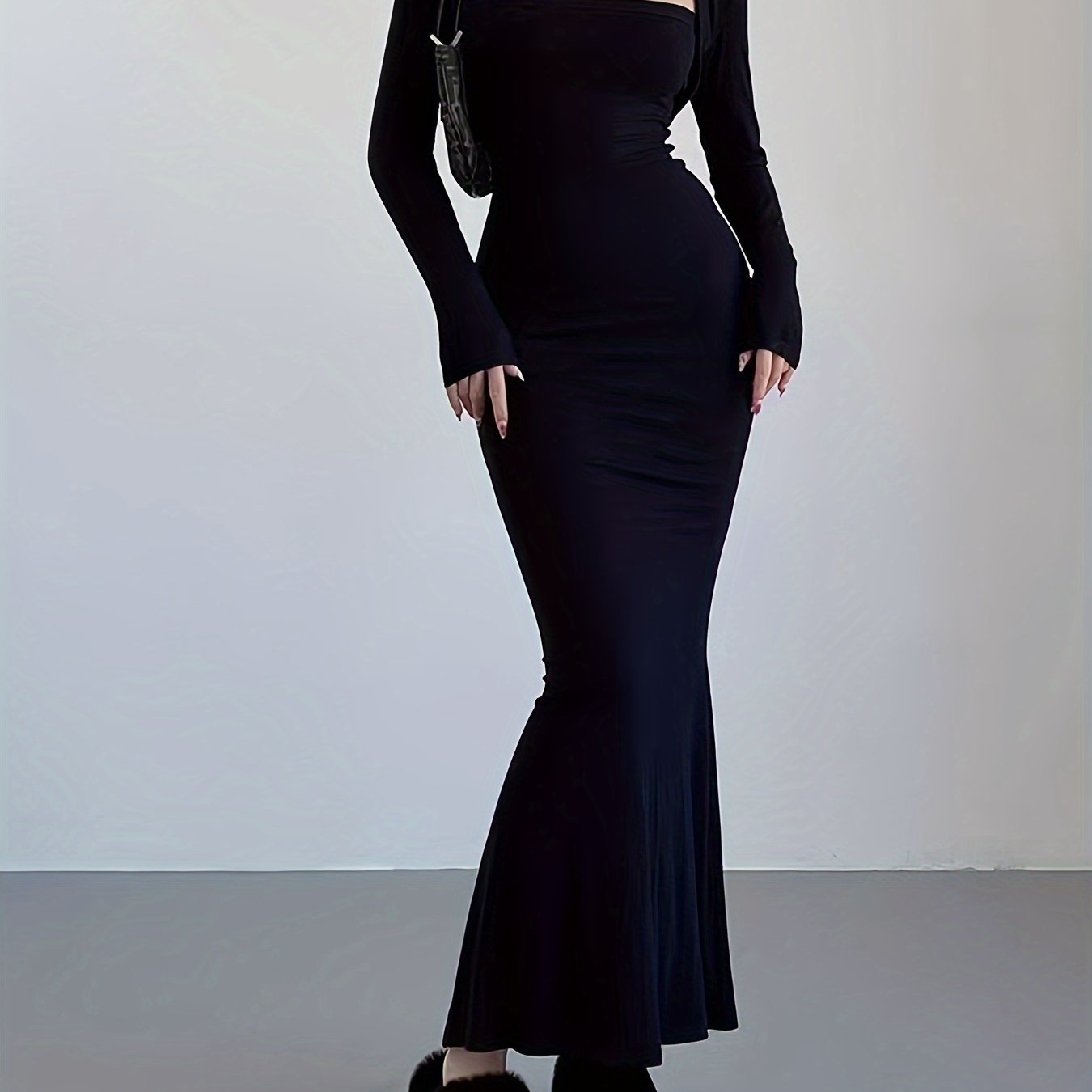 Sixsr Solid Square Neck Dress, Elegant Long Sleeve Maxi Dress, Women's Clothing