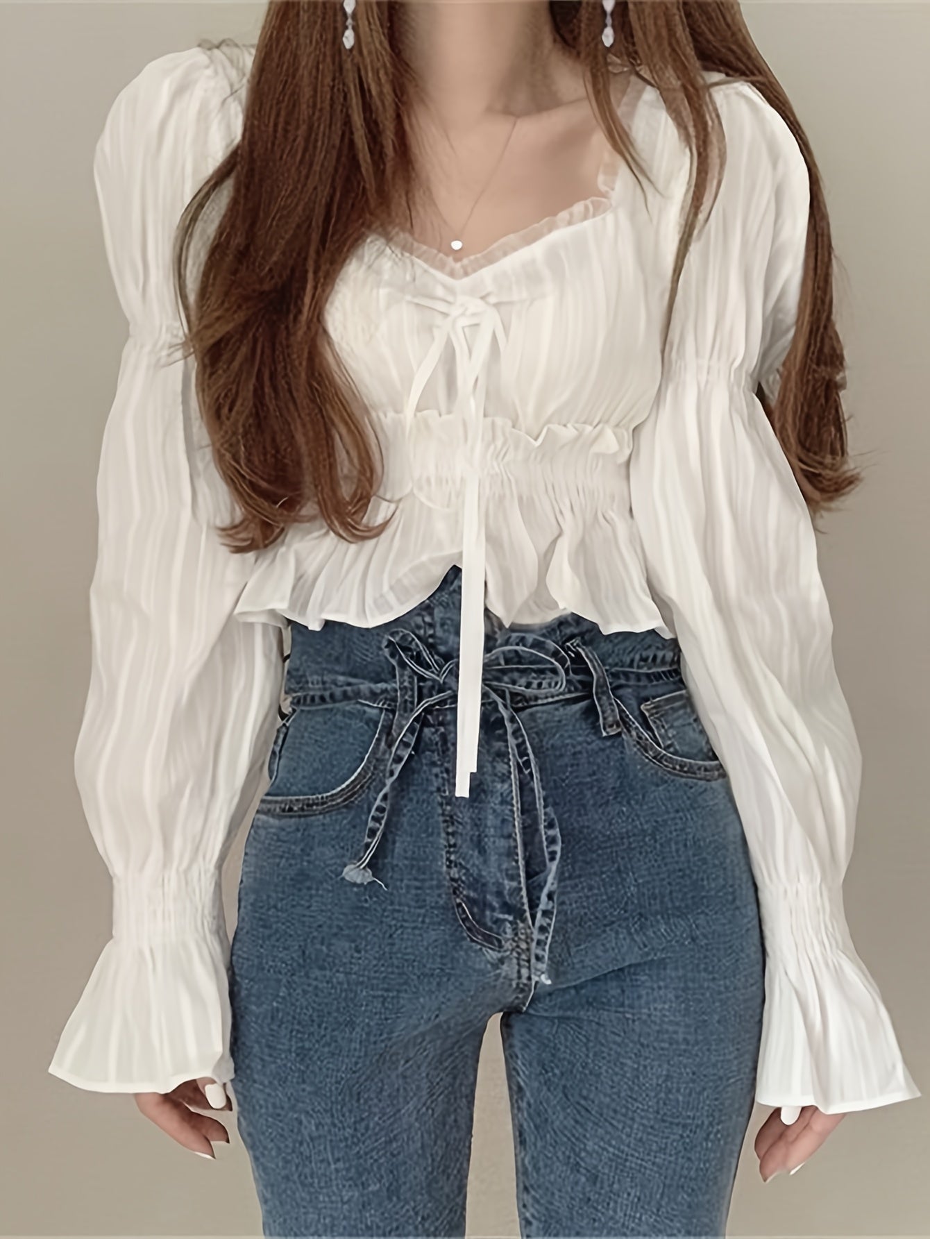Sixsr Ruffle Trim Queen Anne Neck Blouse, Chic Puff Sleeve Cinched Waist Crop Blouse For Spring & Fall, Women's Clothing