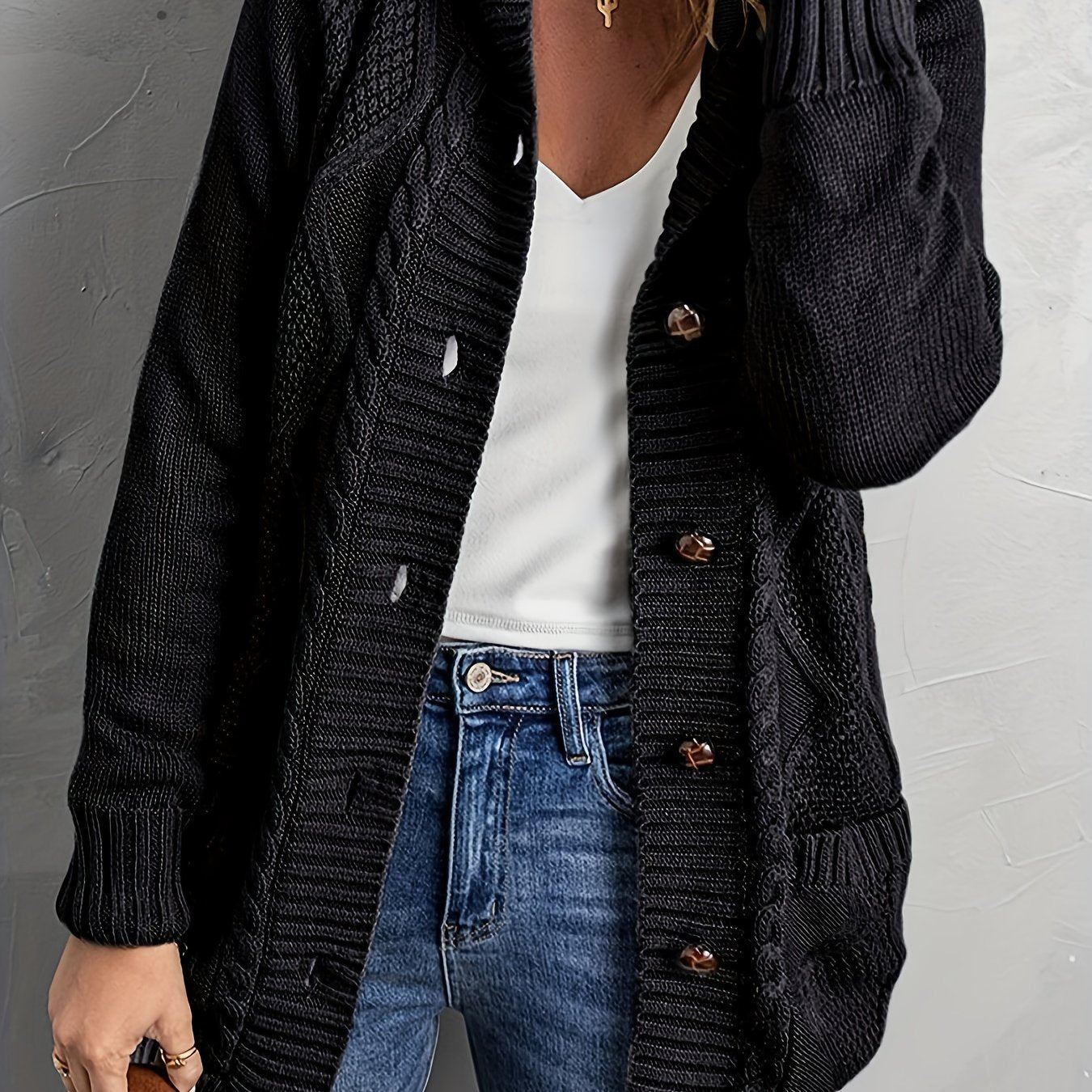 Sixsr Plus Size Casual Sweater, Women's Plus Plain Cable Button Up Hooded Long Sleeve Jumper