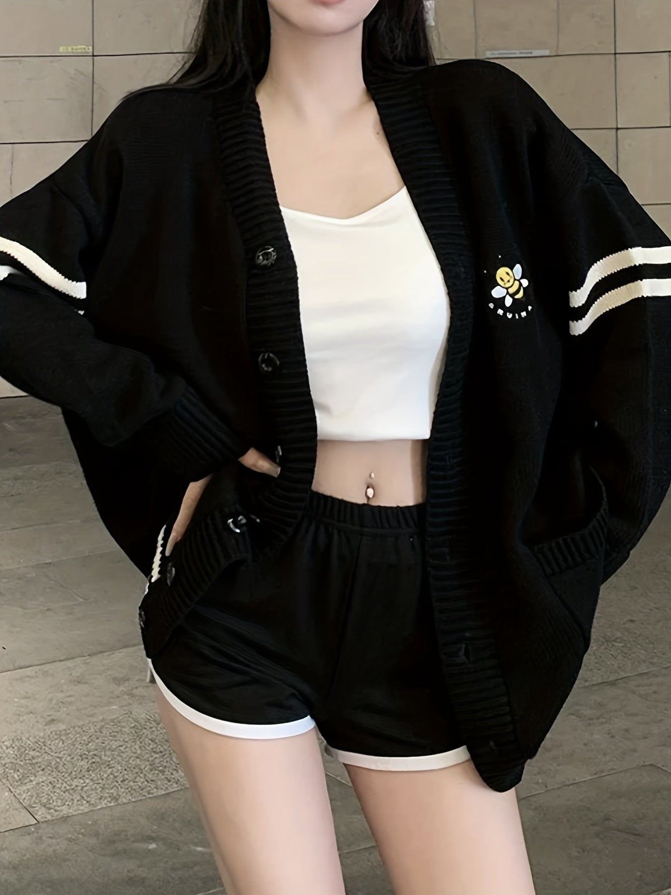 Sixsr Bee Embroidered Striped Cardigan, Casual Long Sleeve Cardigan For Fall & Winter, Women's Clothing
