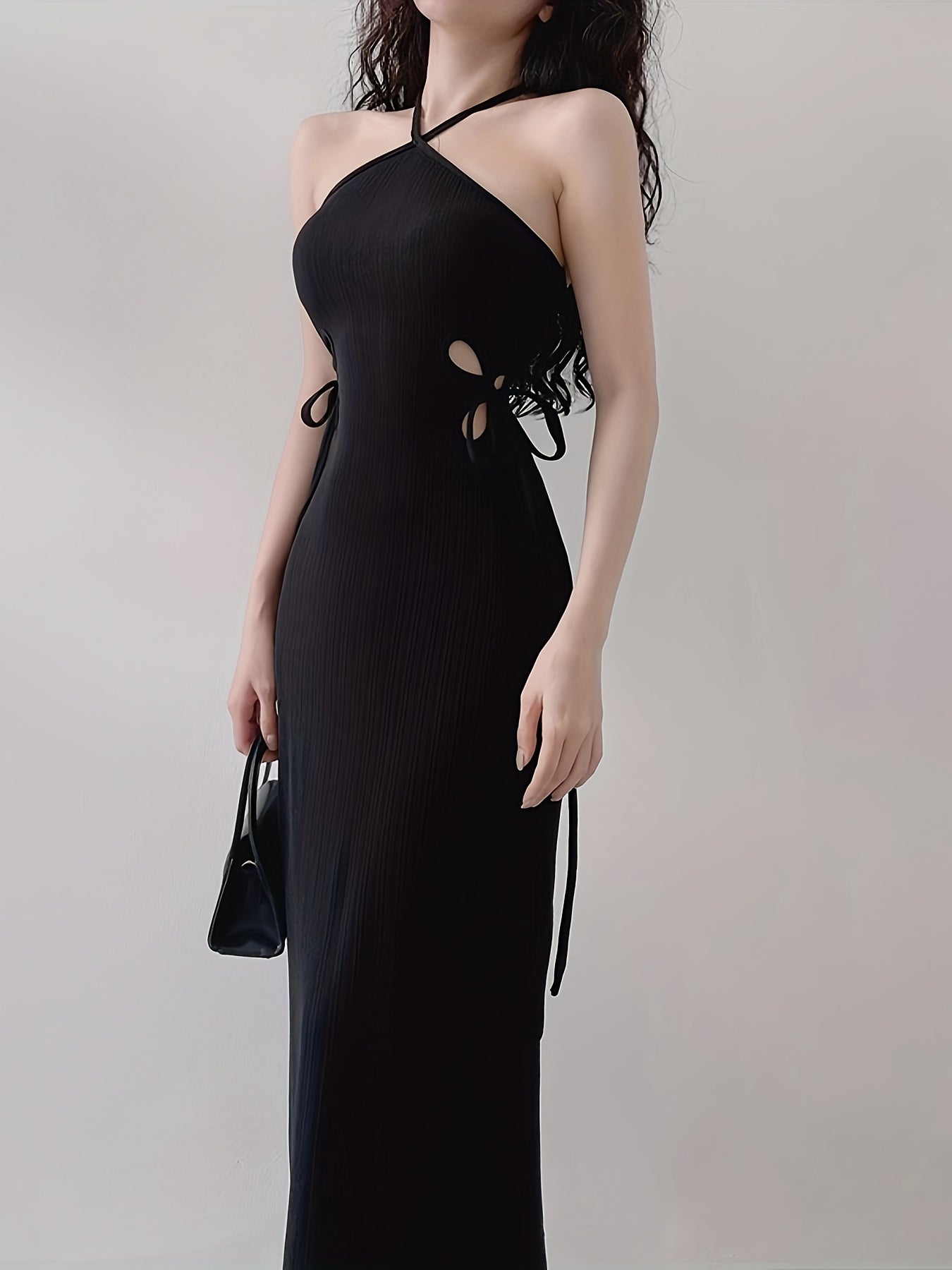 Sixsr Halter Neck Hollow Solid Dress, Elegant Sleeveless Bodycon Party Dress, Women's Clothing