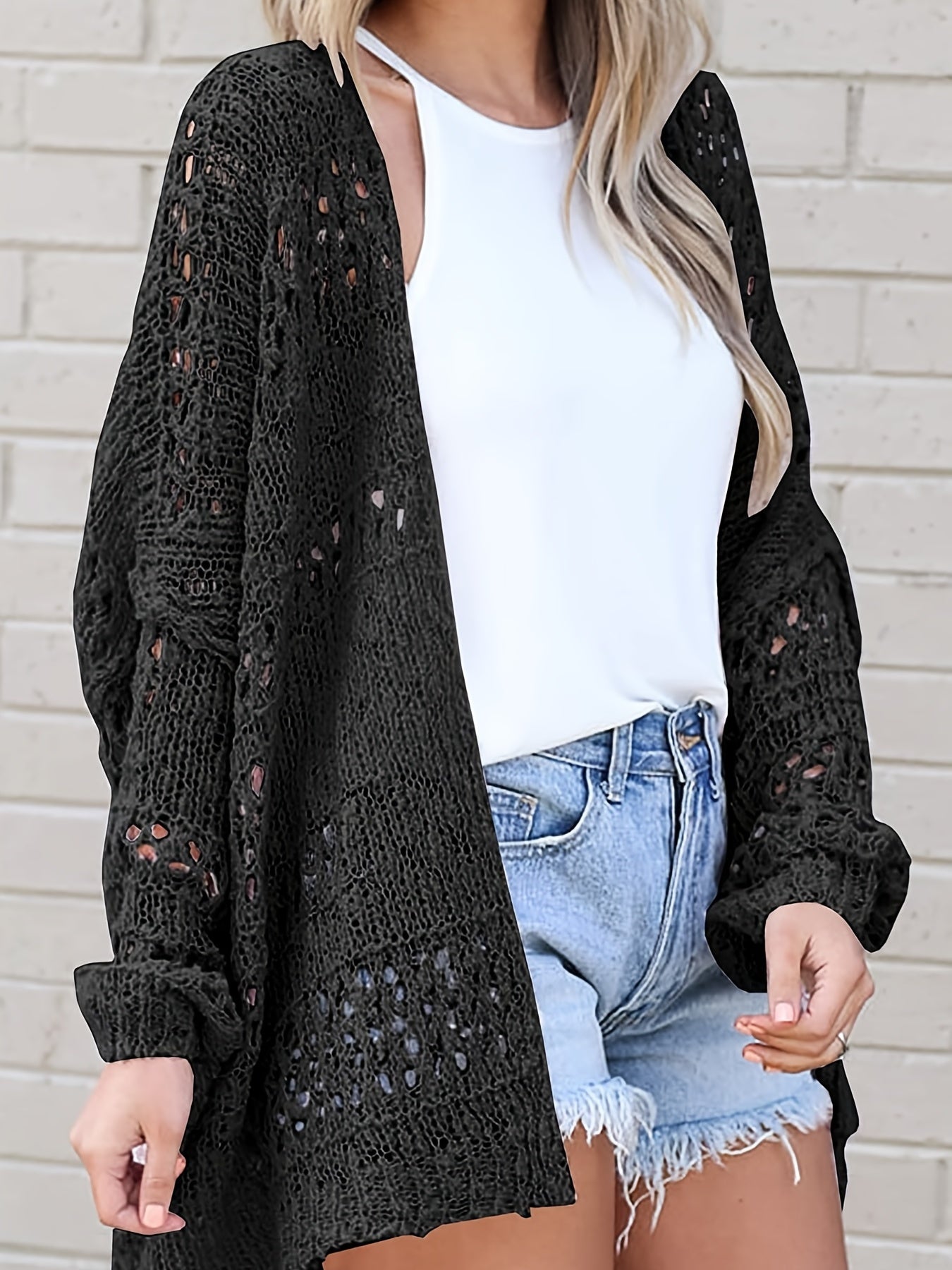 Sixsr Open Front Drop Shoulder Cardigan, Casual Long Sleeve Cardigan For Fall & Winter, Women's Clothing