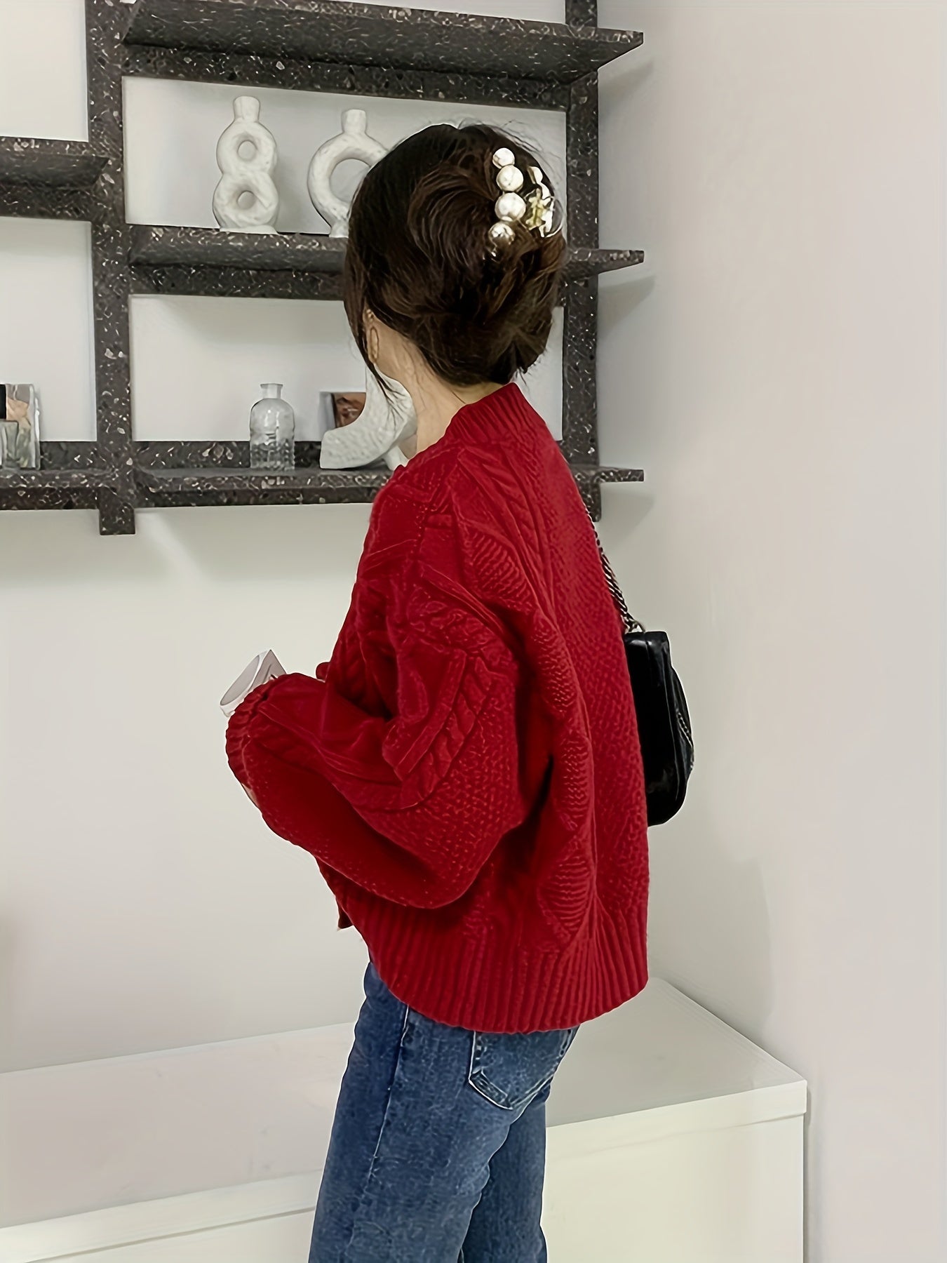Sixsr Solid Single Breasted Simple Cardigan, Versatile Cable Knit Long Sleeve Cardigan For Spring & Fall, Women's Clothing