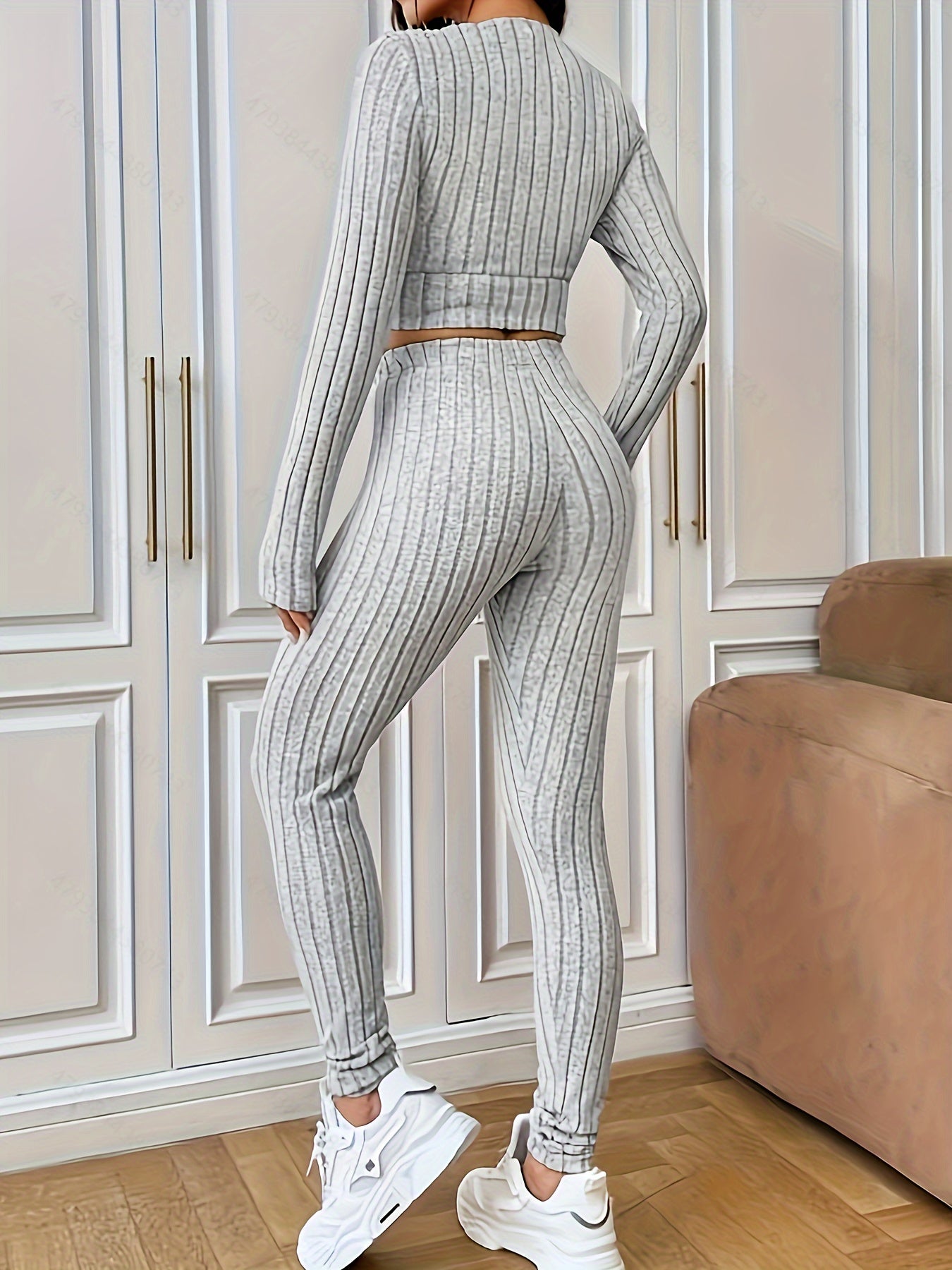 Sixsr Ribbed Solid Two-piece Set, V Neck Long Sleeve Cropped Tops & Slim Long Length Pants Outfits, Women's Clothing