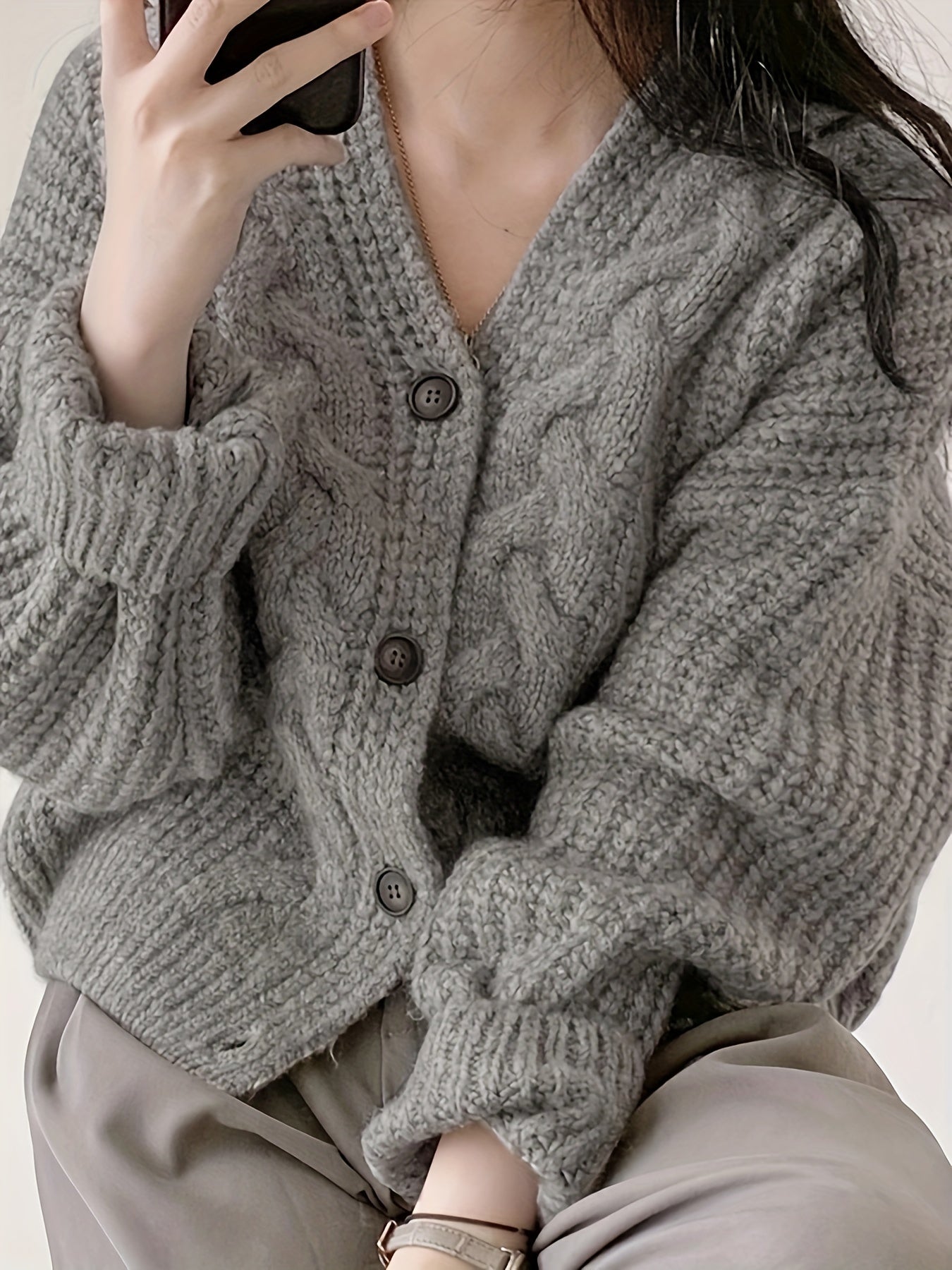 Sixsr Button Front Chunky Knit Cardigan, Vintage Long Sleeve Cardigan For Fall & Winter, Women's Clothing