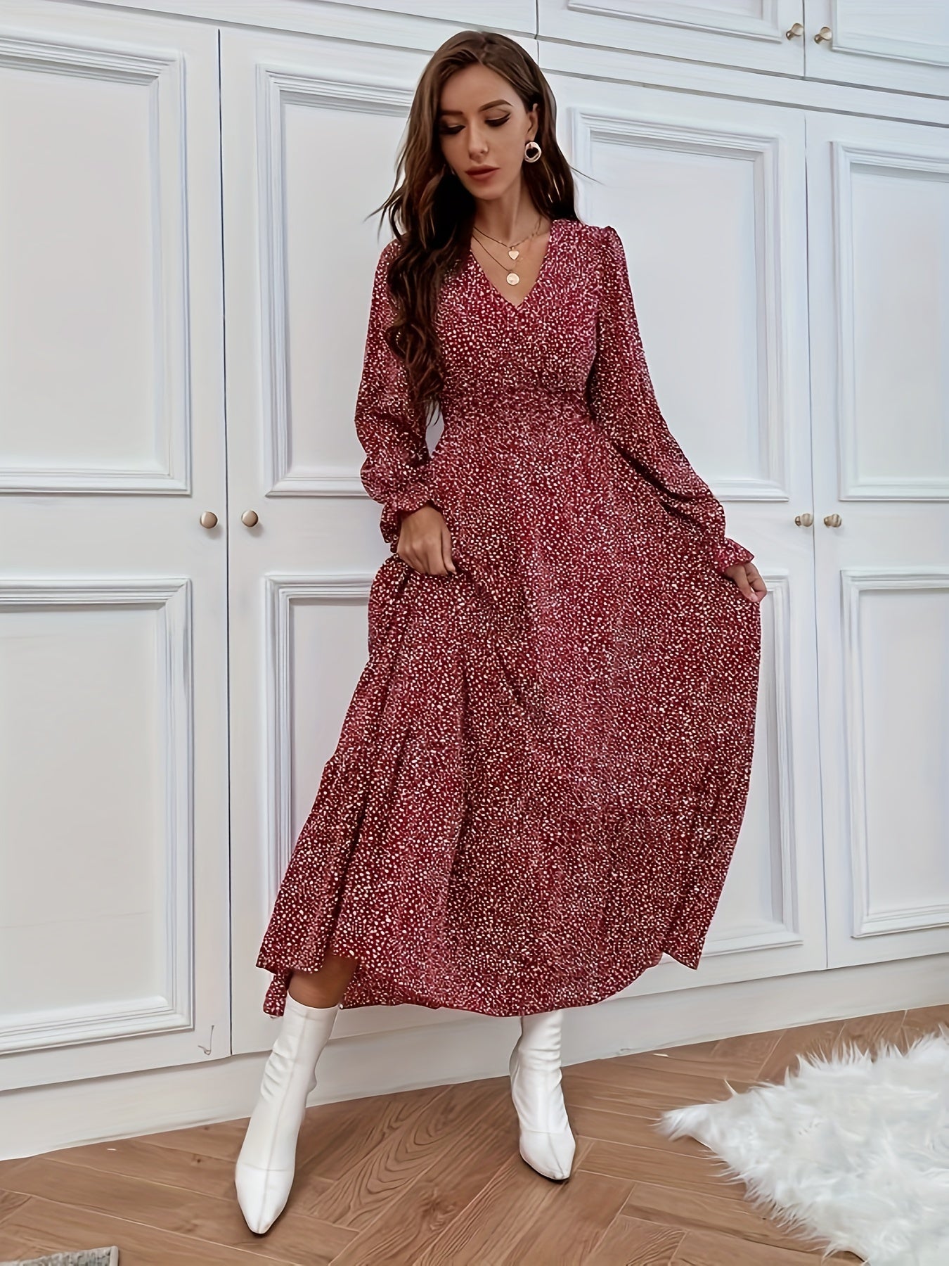 Sixsr Floral Print Lantern Sleeve Dress, Casual V Neck Dress For Spring & Fall, Women's Clothing