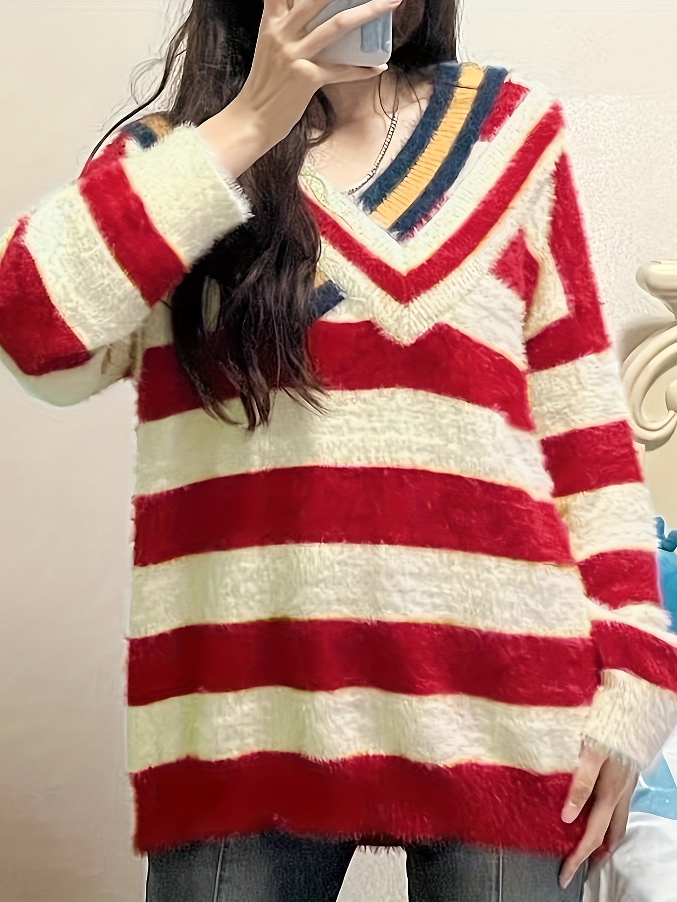 Sixsr Striped Color Block Pullover Sweater, Casual Long Sleeve Sweater, Women's Clothing