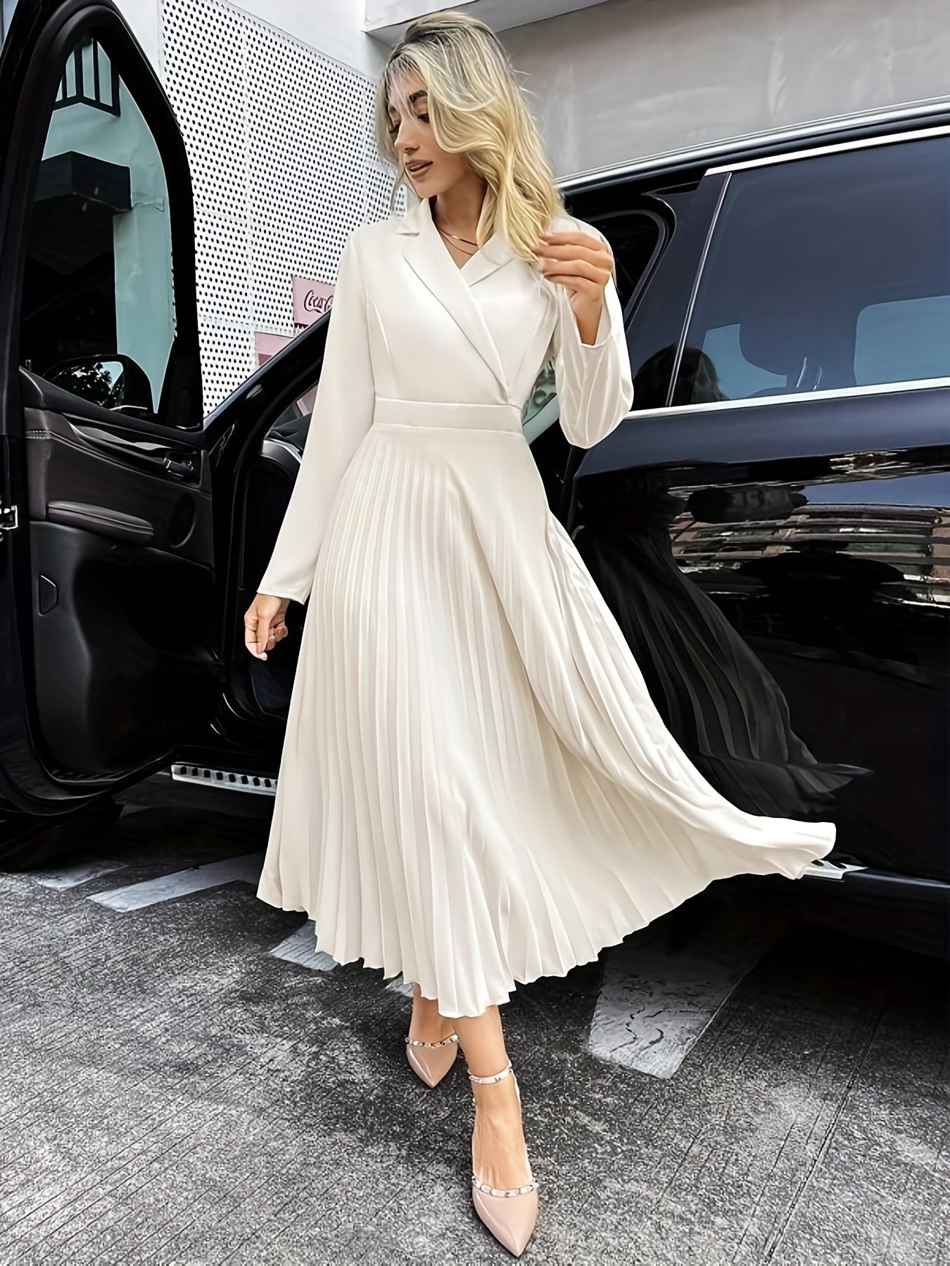 Sixsr Surplice Neck Pleated Dress, Elegant Solid Long Sleeve Maxi Dress, Women's Clothing