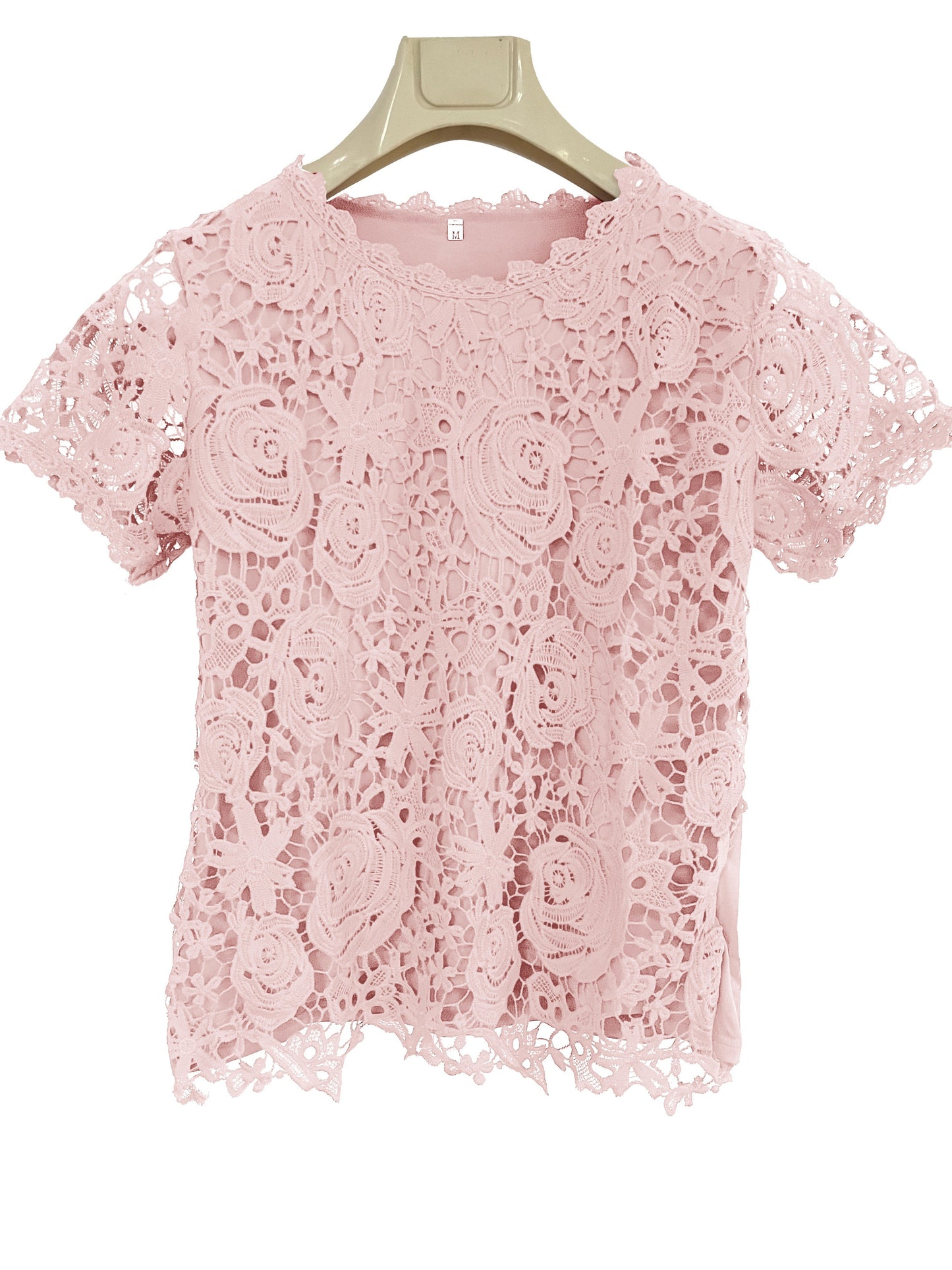 Sixsr Lace Crew Neck T-Shirt, Elegant Short Sleeve T-Shirt For Spring & Summer, Women's Clothing