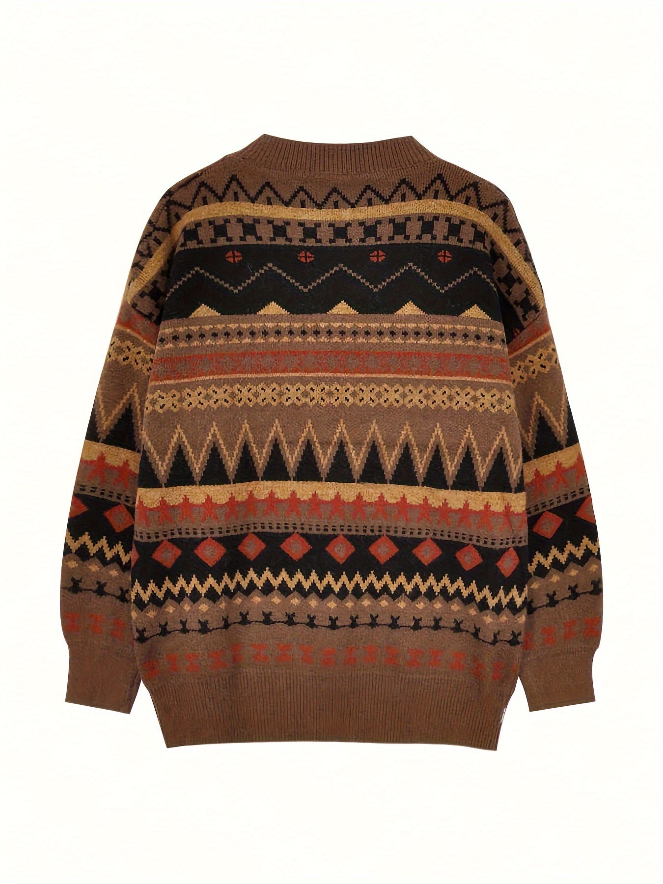 Sixsr Geo Pattern Crew Neck Pullover Sweater, Vintage Long Sleeve Loose Sweater, Women's Clothing