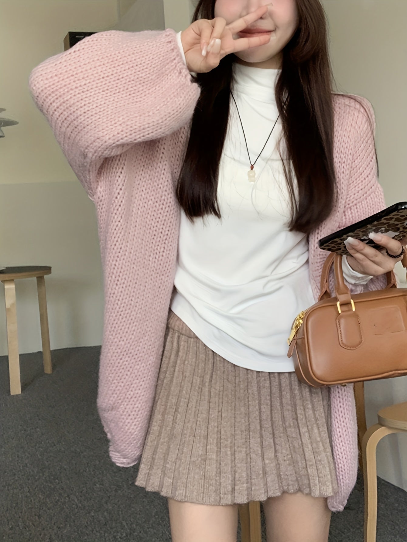 Sixsr Solid Open Front Knit Cardigan, Casual Lantern Sleeve Loose Slouchy Sweater, Women's Clothing