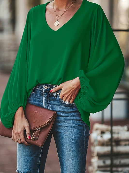 Sixsr Plus Size Casual Top, Women's Plus Solid Lantern Sleeve V Neck Non-stretch Loose Fit Top