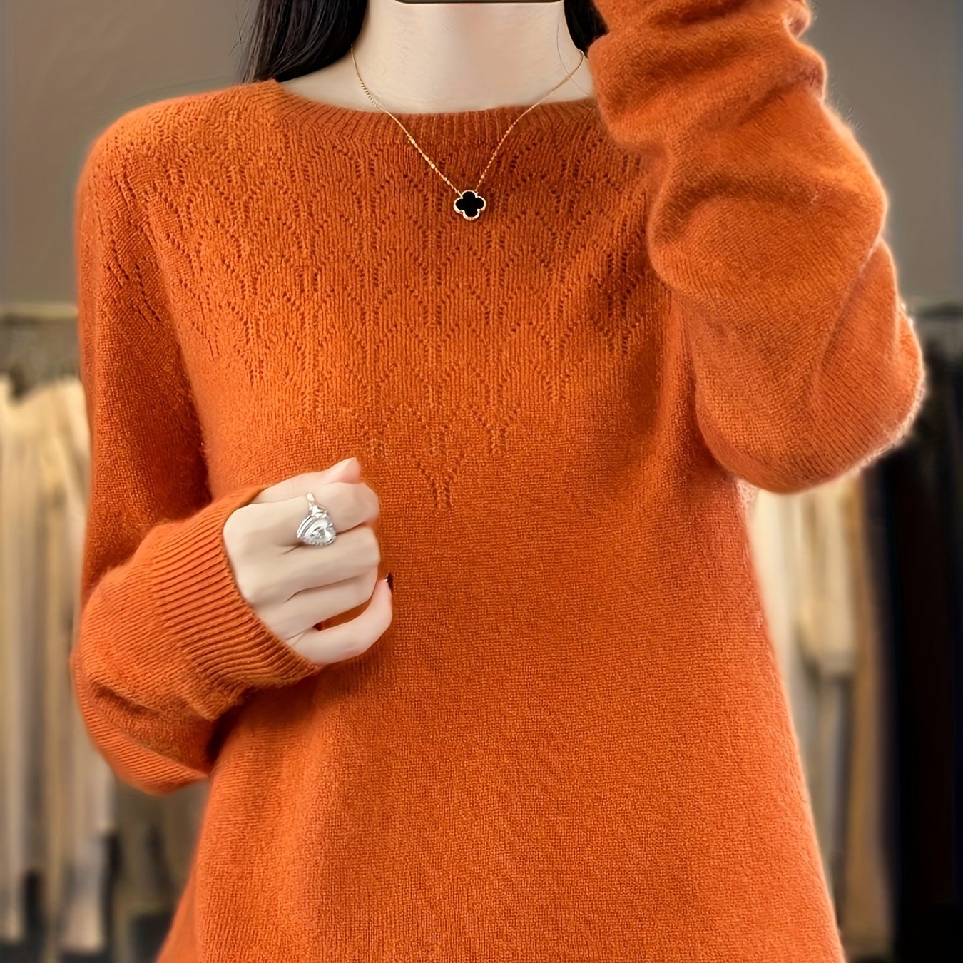 Sixsr Solid Crew Neck Wool Sweater, Casual Long Sleeve Cozy Basic Sweater, Women's Clothing