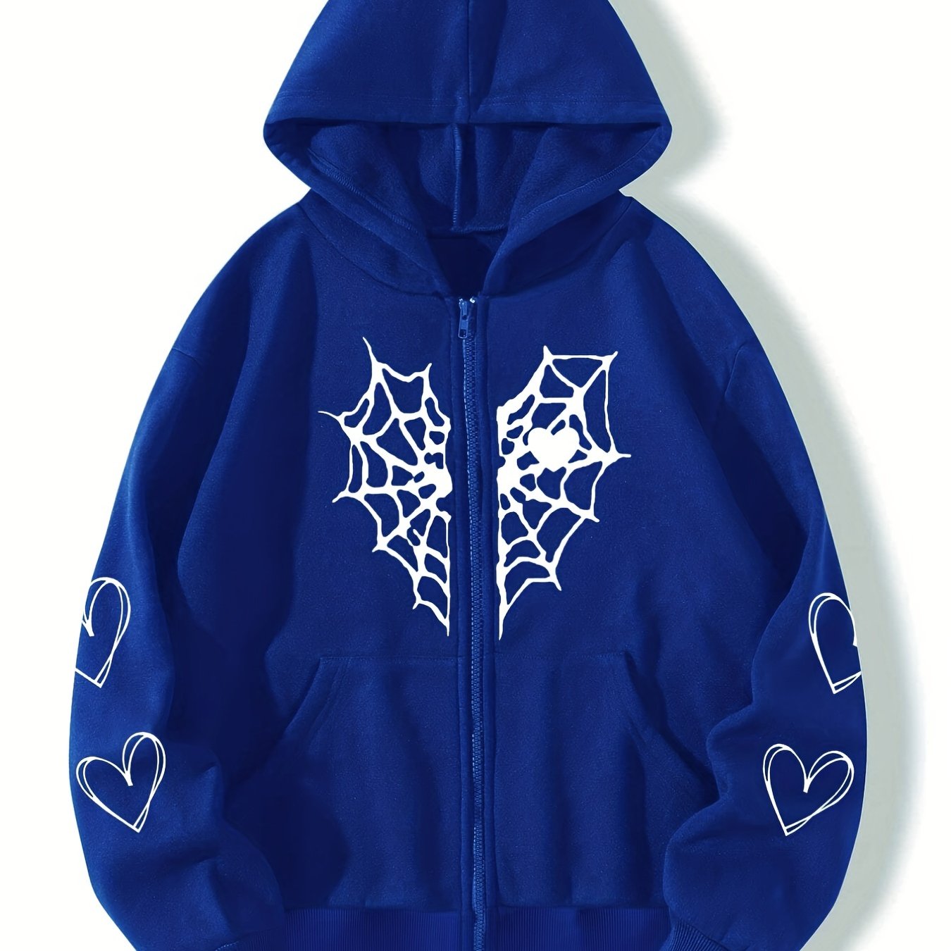 Sixsr Spider Web Heart-shaped Print Drawstring Loose Hoodies, Casual Zipper Hooded Pocket Fashion Long Sleeve Sweatshirt, Women's Clothing