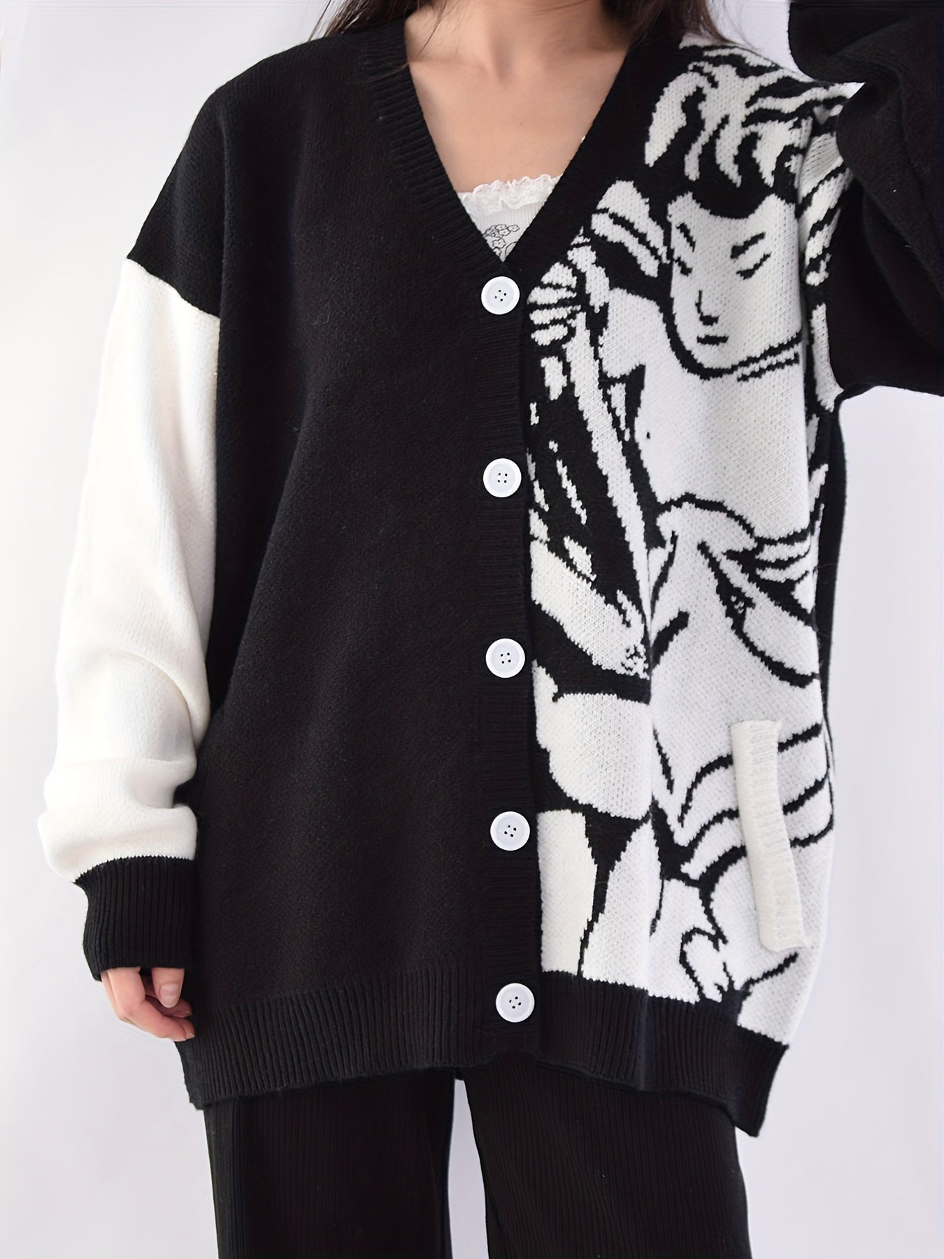 Sixsr Graphic Pattern Button Down Knit Cardigan, Vintage Long Sleeve Loose Sweater, Women's Clothing