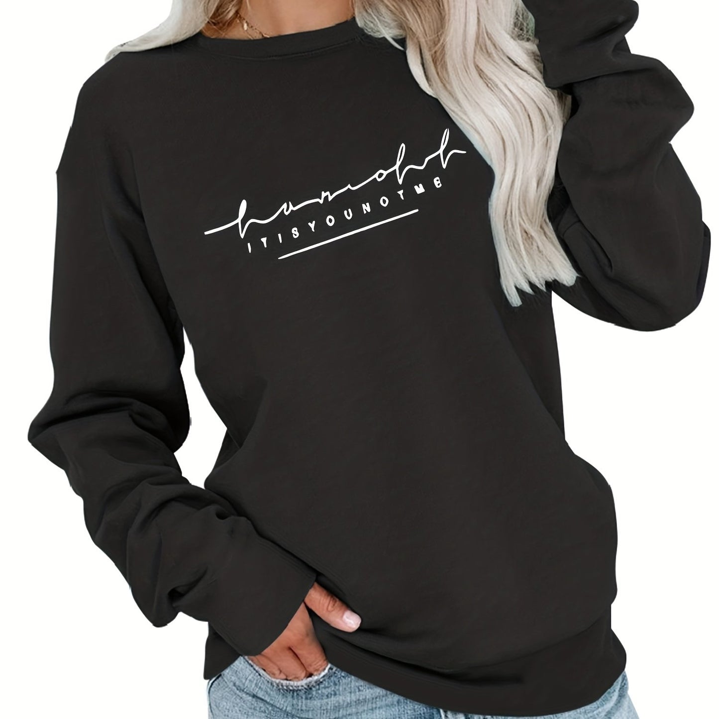 Sixsr Plus Size Casual Sweatshirt, Women's Plus Art Letter Print Long Sleeve Crew Neck Medium Stretch Pullover Sweatshirt, Casual Tops For Fall & Winter, Plus Size Women's Clothing