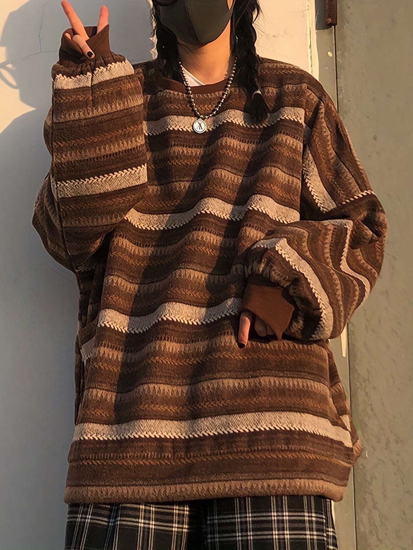 Sixsr Striped Drop Shoulder Sweatshirt, Casual Crew Neck Long Sleeve Pullover, Women's Clothing